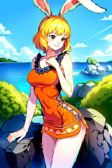 (ultra detailed background, delicate pattern, intricate detail, highly detailed, fine details), best quality,((medium breasts, slim girl,  close-up, portrait)), CarrotChan, 1girl, solo, blonde hair, animal ears, rabbit ears, rabbit girl, furry female, furry, short hair, smile, rabbit tail, (orange dress), brown eyes, ((slim girl, medium breasts, animal nose)), ((complex detailed background, blue sky, grass, trees, rocks, ocean, nature environment, cowboy shot)),  <lora:CarrotChanFinal:0.8>