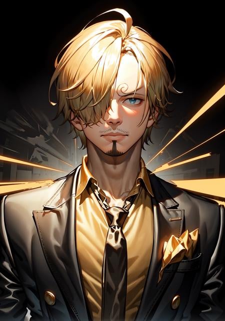 4k, best quality, ultra high res, masterpiece, <lora:sanji2:1>, sanji2, suit, hair_over_one_eye, eyeblow, yellow shirts, necktie, black jacket, facial hair