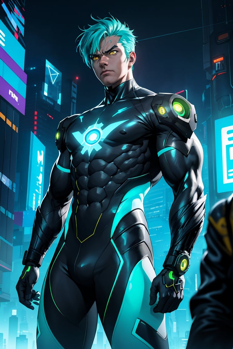 highres, realistic, (1boy, male focus), aqua hair, yellow eyes, muscular, luminescent bosysuit, cyberpunk, futuristic city, ready to fight, frown, looking_at_viewer, area lighting, dutch_angle