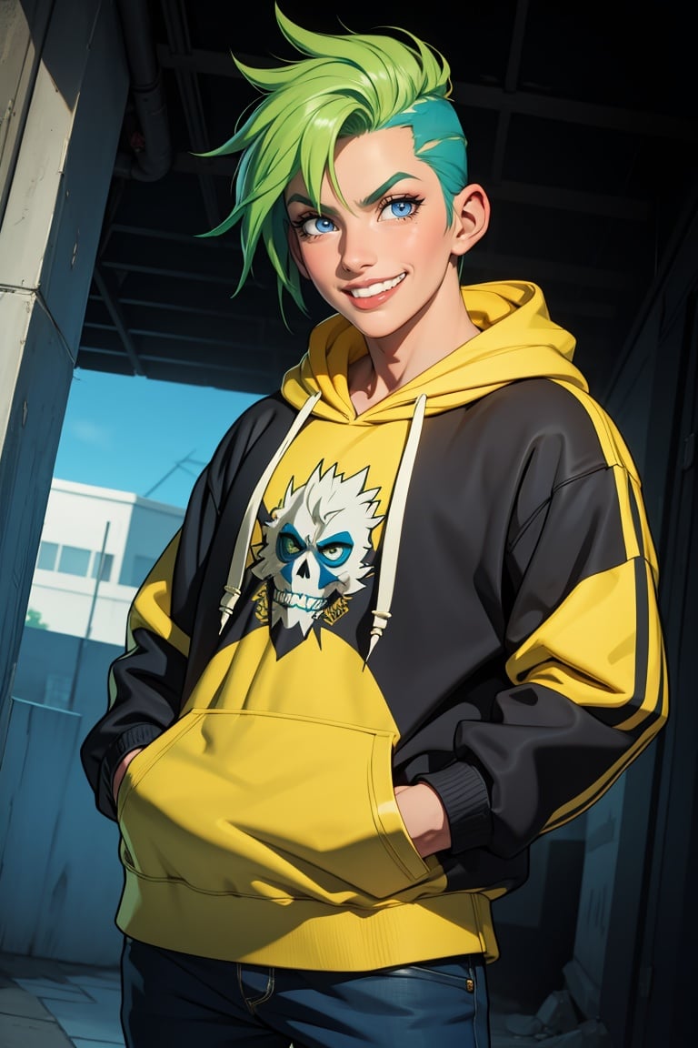 masterpiece, best quality, 1 boy, punk style, green hair, blue eyes, hands in pockets, hoodie, evil grin, dutch_angle