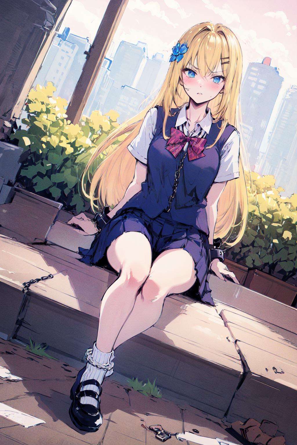 (masterpiece:1.2), best quality,PIXIV,  1girl, solo, blonde hair, chain, sitting, cuffs, shoes, ankle cuffs, mary janes, hair ornament, dutch angle, school uniform, skirt, shackles, long hair, bdsm, looking at viewer, bound, socks, hair flower, sketch1 <lora:line style_20230720122106:0.8>