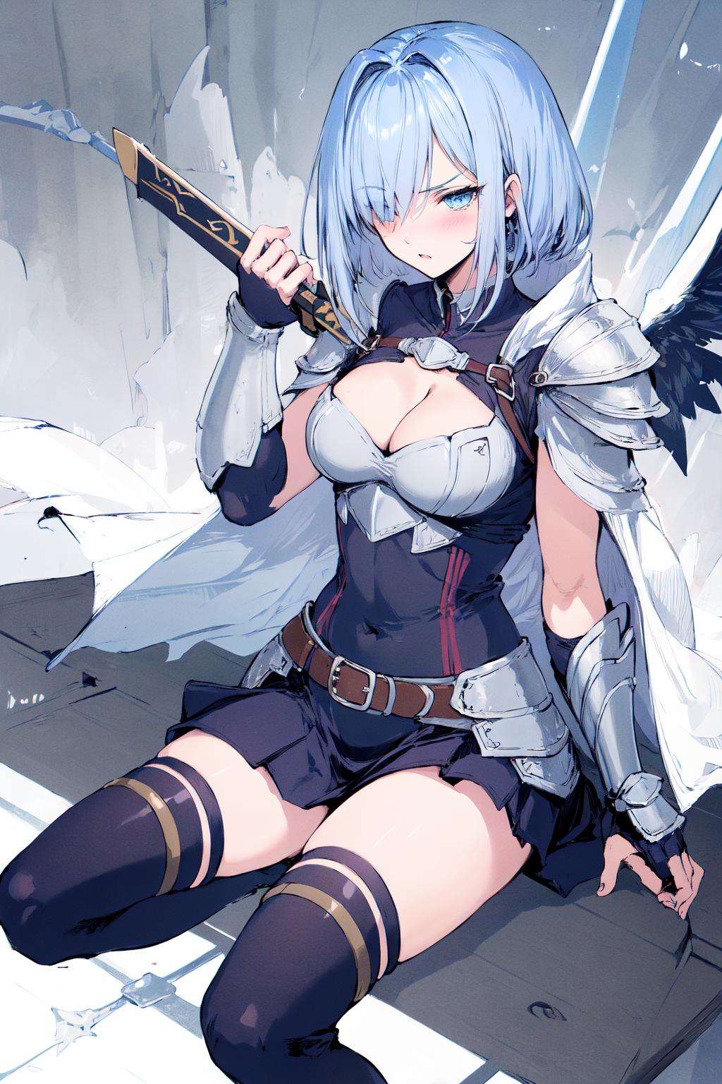 (masterpiece:1.2), best quality,PIXIV,  1girl, solo, armor, hair over one eye, sitting, blue eyes, cape, breasts, weapon, sword, thighhighs, skirt, boots, shoulder armor, gauntlets, medium breasts, bodysuit, short hair, simple background, pauldrons, head wings, planted, planted sword, grey hair, armored boots, sidelocks, cleavage, greaves, black skirt <lora:line style_20230720122106:0.8>