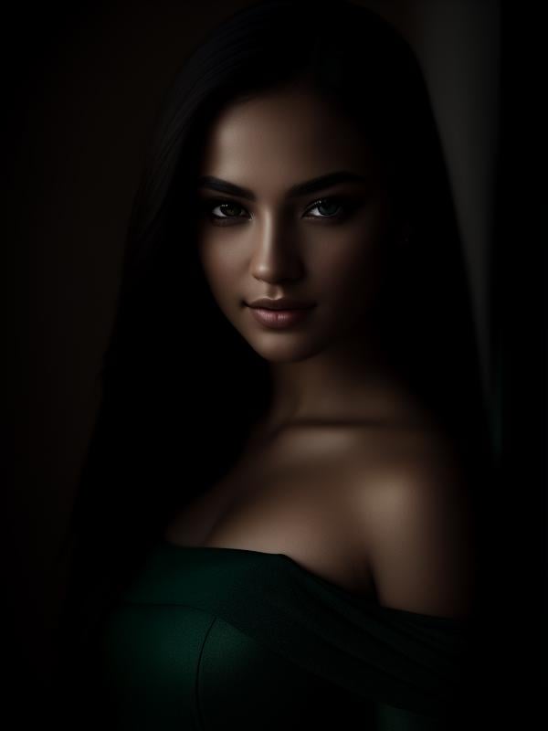 award winning portrait photo of an young woman, fair skin, green eyes, bokeh, backlit, (brown color in detail:1.1), BREAK elegant atmosphere, realistic, intricate details, true skin tone, dark theme, dark backround <lora:lowkey_v1.1:1>