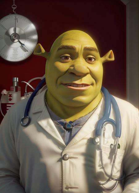 RAW photo, photo of shrk as a (doctor:1.3), white labcoat, stethoscope, 8k uhd, dslr, high quality, film grain, <lora:Shrek_remasteredV1:0.7>