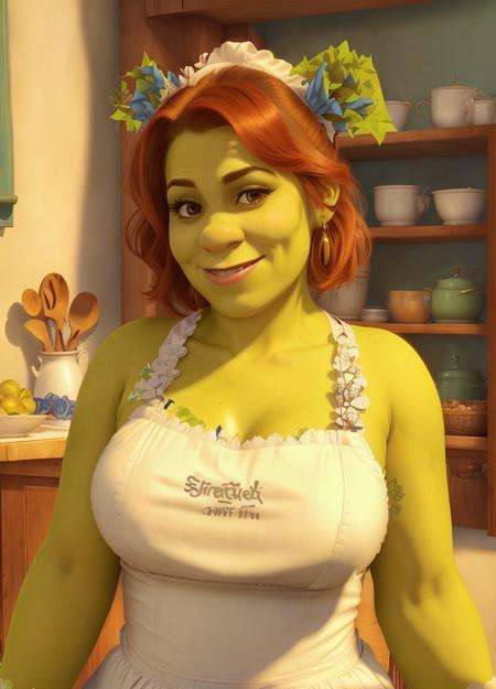 a closeup portrait of shrk as a playful maid, undercut hair, apron, amazing body, pronounced feminine feature, busty, kitchen, freckles, flirting with camera <lora:Shrek_remasteredV1:0.7>