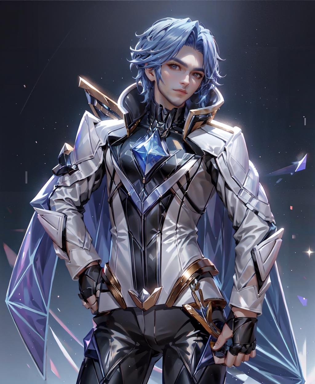 <lora:Florentino-05:1>, a man,Florentino, solo, smile, short hair, gloves, long sleeves, 1boy, blue hair, jacket, male focus, black gloves, pants, hand up, fingerless gloves, glowing, gem, black bearded <lora:kda_v3:0.6>, KDA, (universe), stars, (blue glow), galaxy,looking at viewer, simple background, gloves,  holding, closed mouth, blue hair, standing, full body, weapon, male focus, boots, sword, cape, holding weapon, armor, hand on hip, holding sword, (masterpiece,best quality:1.5), (masterpiece,best quality:1.5), Style of Daniel F. Gerhartz,Remodernism (🏖️,🏔️),🌵, \haruna (KanColle)\, 😩, Formula 1 car,at Overcast,Melancholy,Bayou