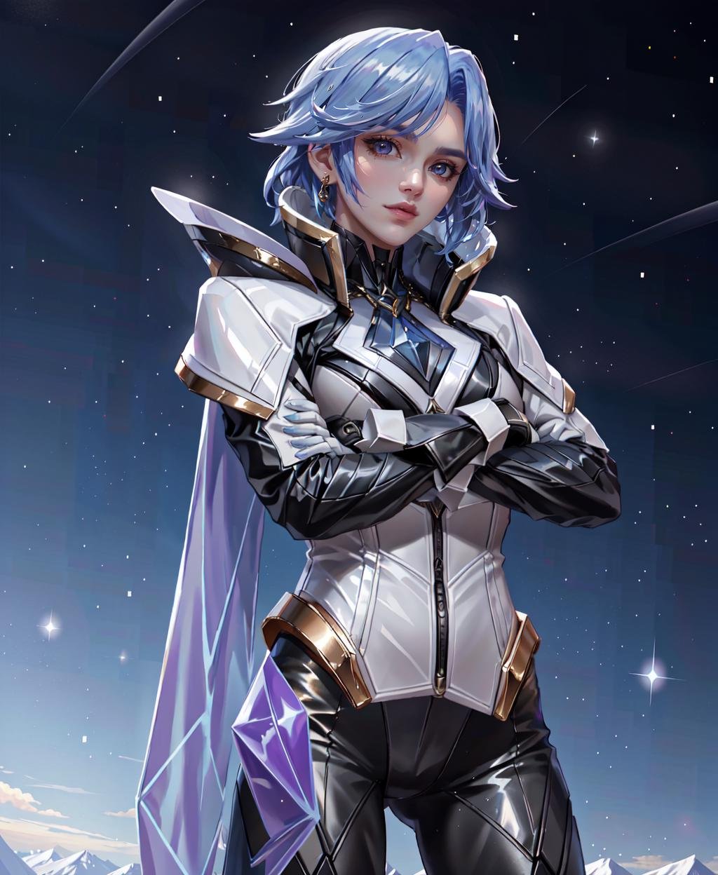 <lora:Florentino-05:1>, (a girl) ,Florentino, solo, smile, short hair, gloves, long sleeves,  blue hair, jacket,  focus, black gloves, pants, fingerless gloves, glowing, gem, ((black bearded)) <lora:kda_v3:0.4>, KDA, (universe), stars, (blue glow), galaxy,looking at viewer, closed mouth, blue hair, standing, full body, boots, cape armor, ((crossed arms)), big breasts, (masterpiece,best quality:1.5), (masterpiece,best quality:1.5),ultra realistic,32k,RAW photo,(high detailed skin:1.2), 8k uhd, dslr, soft lighting, high quality, film grain,specular lighting ,(???﷿️,🏔️),🍂,🌲, collarbone, eardrop,(wind),lady,(sexy:1.1),Blue sky, white clouds, view from front ,(Eastern European plateau), summer day