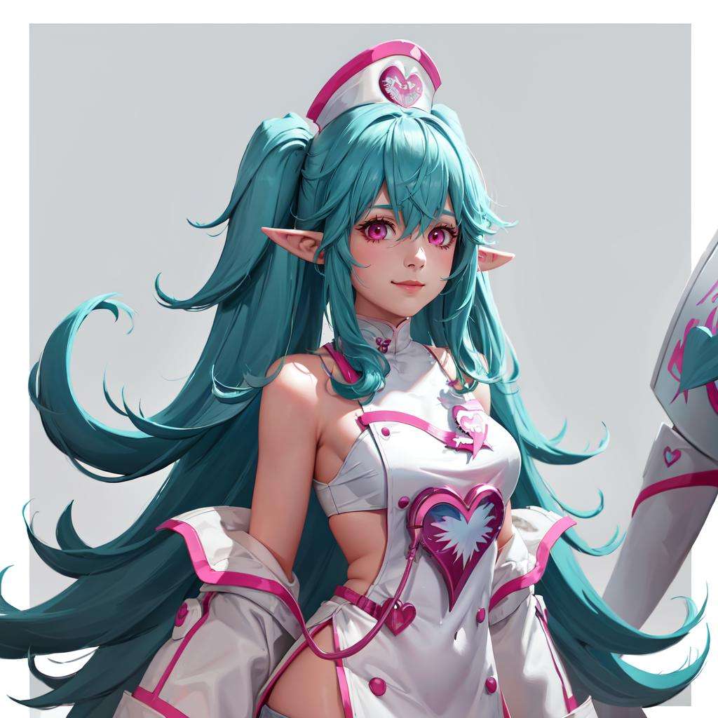 <lora:Keera-03:1>,((big breasts)), 1girl, solo, long hair, looking at viewer, smile, hat, hair between eyes, very long hair, blue hair, upper body, pink hair, heart, detached sleeves, pointy ears, artist name, pink eyes, streaked hair, nurse cap, nurse, (masterpiece,best quality:1.5)