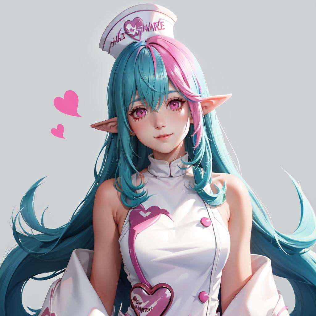 <lora:Keera-03:1>,((big breasts)), 1girl, solo, long hair, looking at viewer, smile, hat, hair between eyes, very long hair, blue hair, upper body, pink hair, heart, detached sleeves, pointy ears, artist name, pink eyes, streaked hair, nurse cap, nurse, (masterpiece,best quality:1.5)