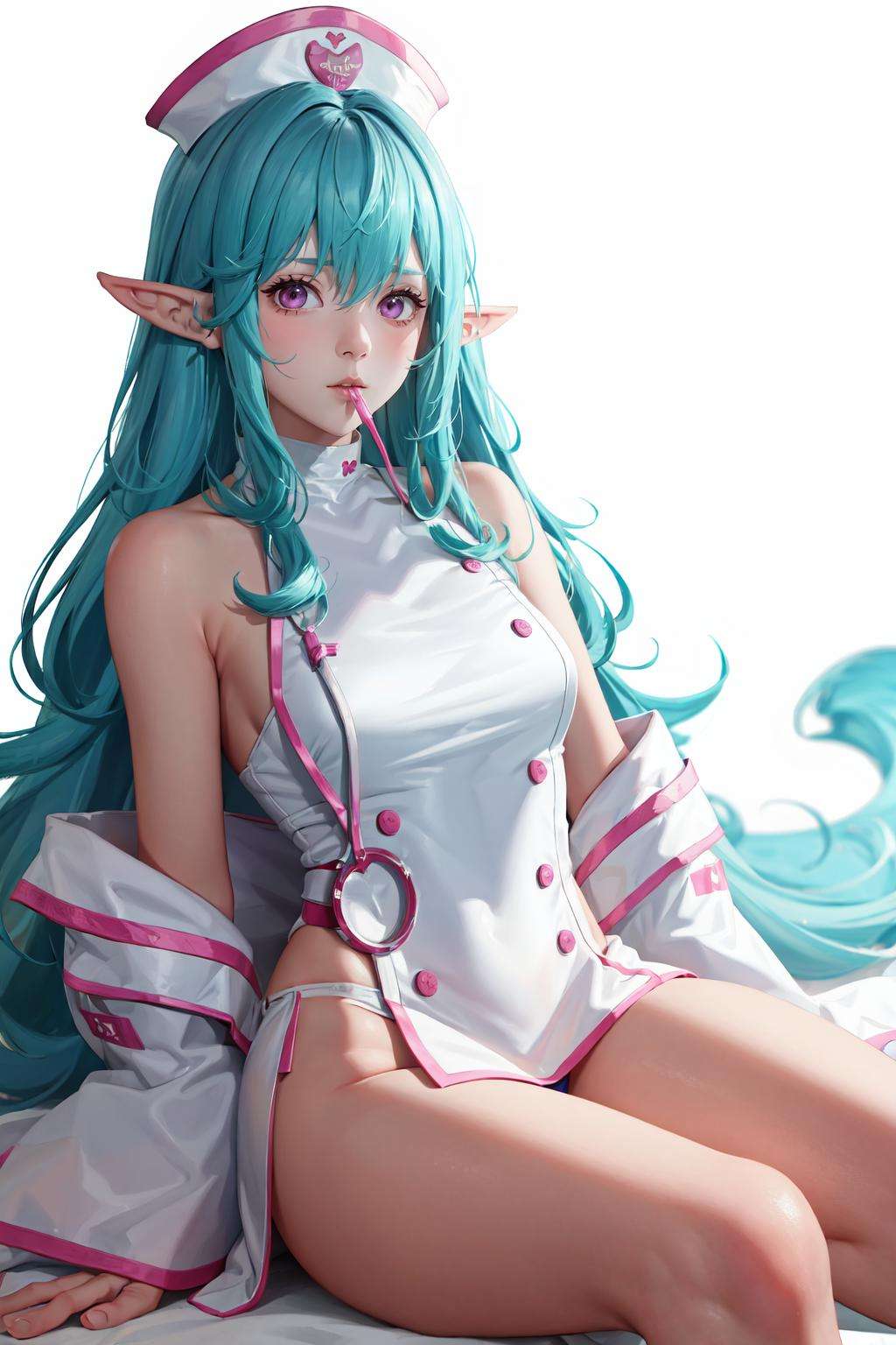 <lora:Keera-03:1>,((big breasts)), 1girl, solo, long hair, looking at viewer, simple background, hat, white background, dress, bare shoulders, sitting, very long hair, blue hair, pointy ears, pink eyes, off shoulder, white dress, sleeves past wrists, aqua hair, mouth hold, sleeves past fingers, nurse cap, nurse, stethoscope, (masterpiece,best quality:1.5)