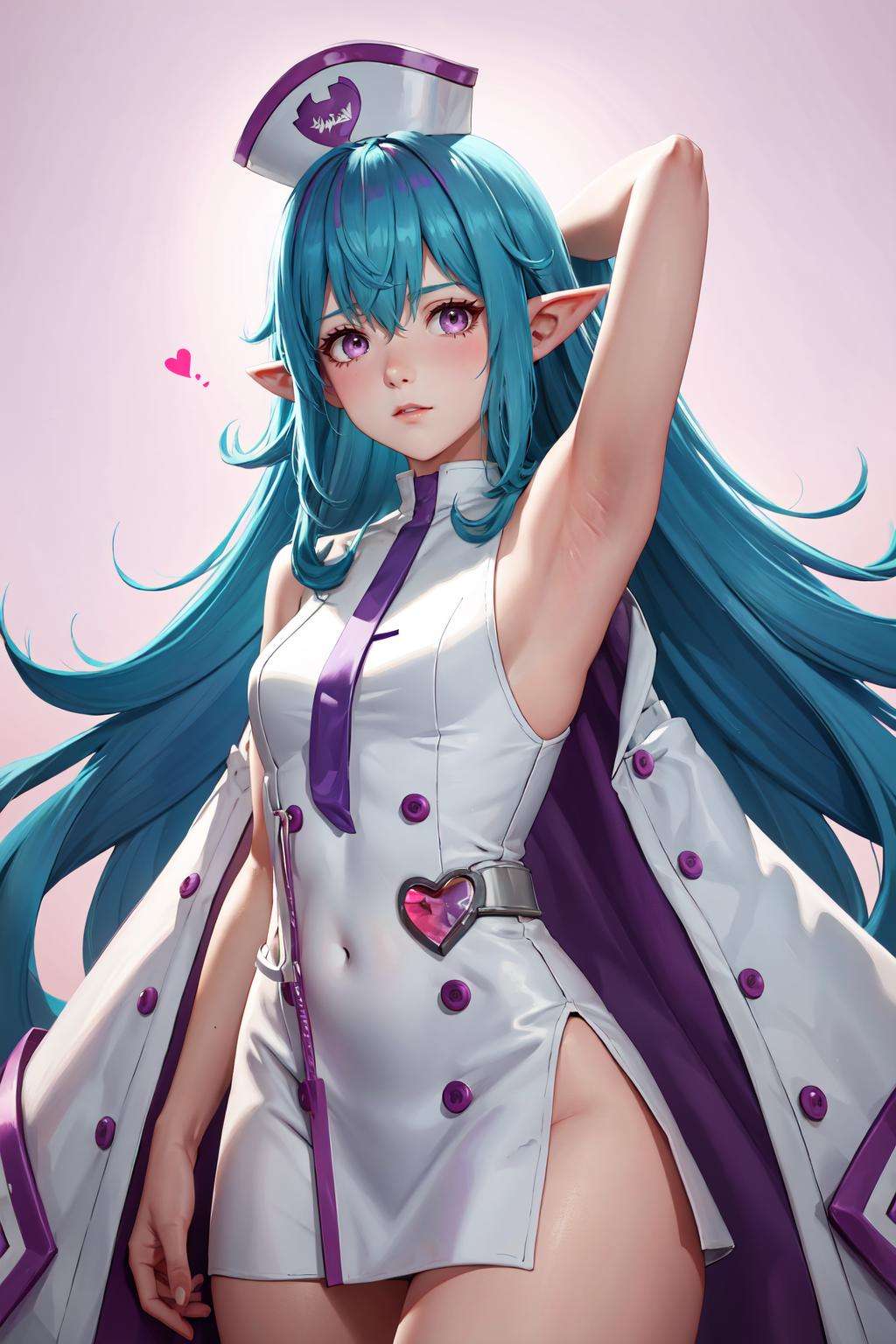 <lora:Keera-03:1>, ((big breasts)), 1girl, solo, long hair, looking at viewer, blush, simple background, hat, dress, hair between eyes, very long hair, blue hair, purple eyes, pink hair, heart, small breasts, pointy ears, pink eyes, armpits, white dress, streaked hair, covered navel, black background, arm behind head, nurse cap, nurse,a purple hair, (masterpiece,best quality:1.5)