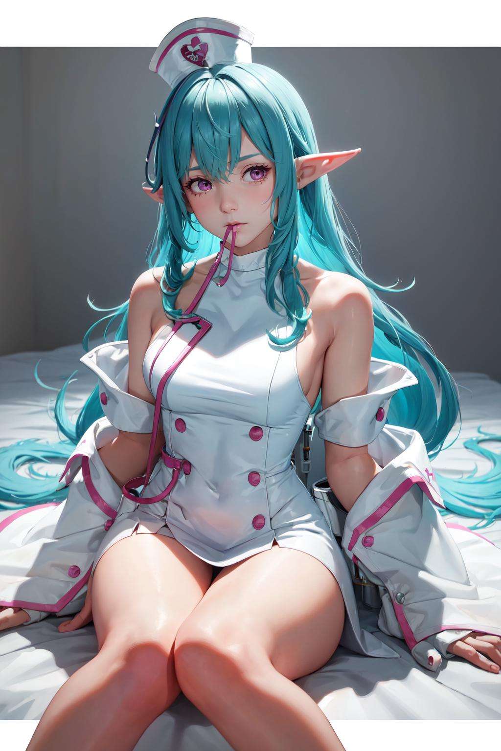 <lora:Keera-03:1>,((big breasts)), 1girl, solo, long hair, looking at viewer, simple background, hat, white background, dress, bare shoulders, sitting, very long hair, blue hair, pointy ears, pink eyes, off shoulder, white dress, sleeves past wrists, aqua hair, mouth hold, sleeves past fingers, nurse cap, nurse, stethoscope, (masterpiece,best quality:1.5)