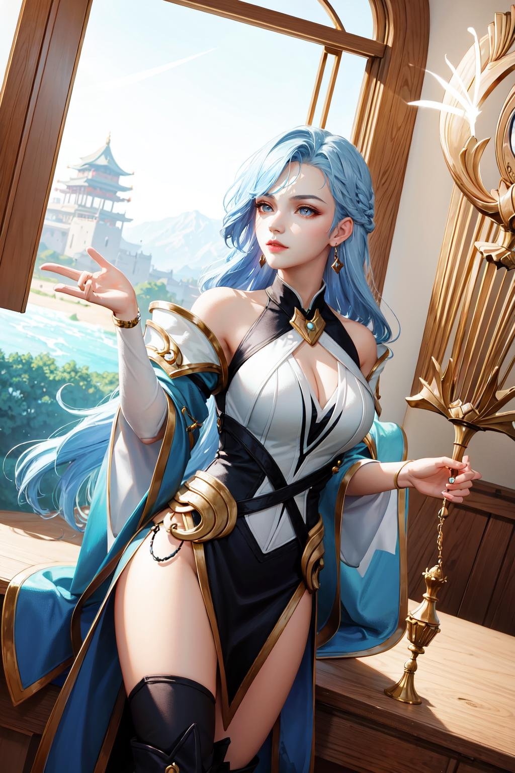 <lora:sephera-05:0.8>,((big breasts)), 1girl, solo, long hair, skirt, large breasts, cleavage, bare shoulders, jewelry, blue hair, earrings, boots, detached sleeves, knee boots, magic, blue hair, morning sun, summer, china, feudalism, musician, singer, girl holding a lute, (lake), lotus, turn to the audience,  <lora:[LoHa] Octans八分儀 Stylev2:0.5>, (glowing:1.4),(Chinese Palace), look towards the viewer,  Standing with one hand resting on the shoulder, either the same side or opposite side, The elbow is bent, and the fingers lightly touch the shoulder, The opposite arm can hang naturally by the side or be slightly lifted,The legs are in a comfortable and balanced position., (masterpiece,best quality:1.5), soft lighting,gorgeous light and shadow ,stunning environment ,vibrant colors, Victorian Gothic Art, (masterpiece,best quality:1.5)