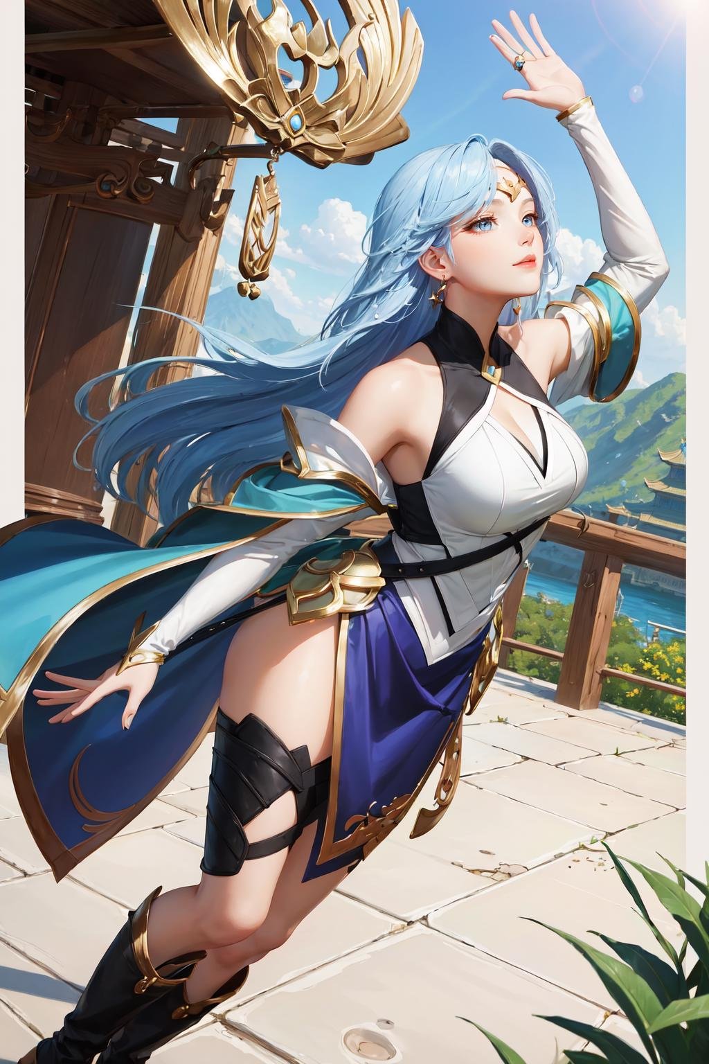 <lora:sephera-05:0.8>,((big breasts)), 1girl, solo, long hair, skirt, large breasts, cleavage, bare shoulders, jewelry, blue hair, earrings, boots, detached sleeves, knee boots, magic, blue hair, morning sun, summer, harmonious light, china, feudalism, musician, singer, girl holding a lute, (lake), lotus, turn to the audience,  <lora:[LoHa] Octans八分儀 Stylev2:0.5>, (glowing:1.4),(Chinese Palace), look towards the viewer,holding, ((lyre)),Standing in a relaxed manner with the back leaning against a wall. The body is slightly tilted towards the wall, creating a casual and effortless pose. The arms can be crossed or hanging loosely by the sides, and the legs are relaxed with a slight bend at the knees., (masterpiece,best quality:1.5), stunning environment , Pierre Puvis de Chavannes