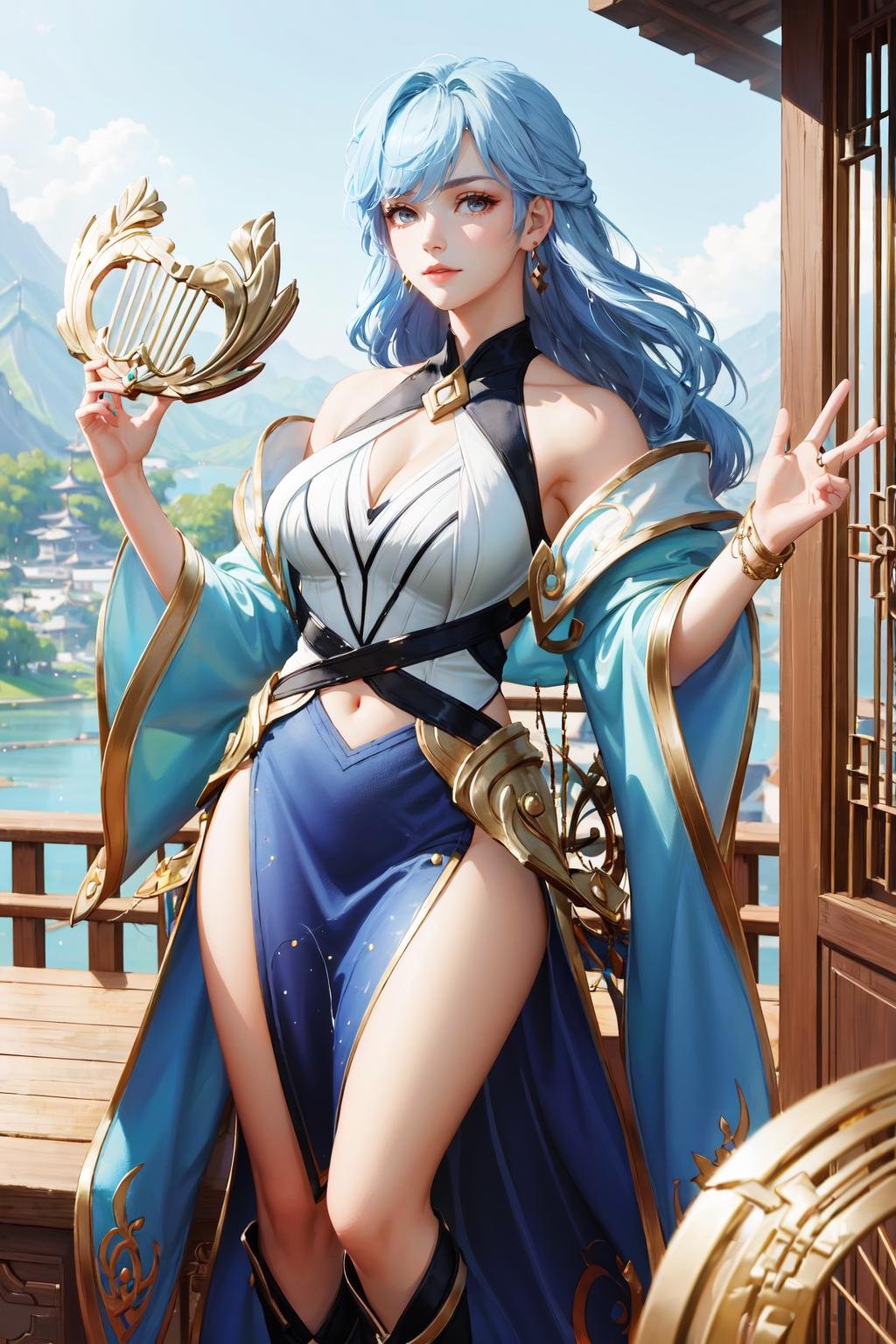 <lora:sephera-05:0.8>,((big breasts)), 1girl, solo, long hair, skirt, large breasts, cleavage, bare shoulders, jewelry, blue hair, earrings, boots, detached sleeves, knee boots, magic, blue hair, morning sun, summer, harmonious light, china, feudalism, musician, singer, girl holding a lute, (lake), lotus, turn to the audience,  <lora:[LoHa] Octans八分儀 Stylev2:0.5>, (glowing:1.4),(Chinese Palace), look towards the viewer,holding, ((lyre)),Standing with one leg crossed in front of the other, creating a relaxed and informal pose. This posture suggests a casual and laid-back demeanor., (masterpiece,best quality:1.5), vibrant colors,stunning environment , Anna Ancher