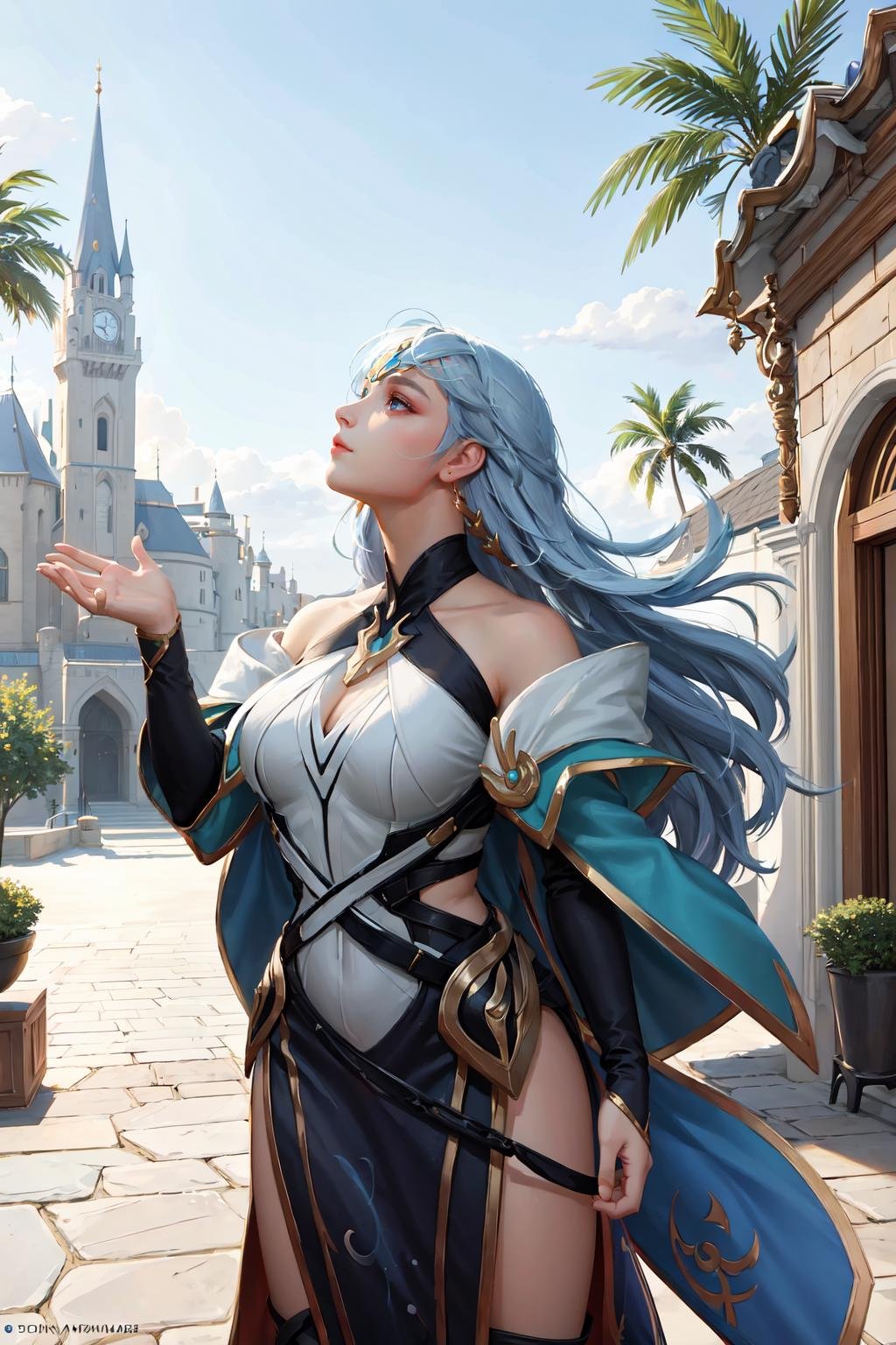 ((big breasts)), 1girl, solo, long hair, blue eyes, hair ornament, dress, cleavage, bare shoulders, jewelry, blue hair, collarbone,  earrings, parted lips, detached sleeves, shiny, hand up, shiny hair, blue background, looking up,  castle, (sea), coconut tree, palace, <lora:sephera-09:0.8>, (masterpiece,best quality:1.5), soft lighting,gorgeous light and shadow ,stunning environment ,vibrant colors, Summer, (masterpiece,best quality:1.5), Style of Arthur Hacker,Dark Wave Art (🕌),🌿,🪨,🪵, \Lucina (Fire Emblem)\, Attending movies, bacon,Hazy conditions,Personal,Lisbon