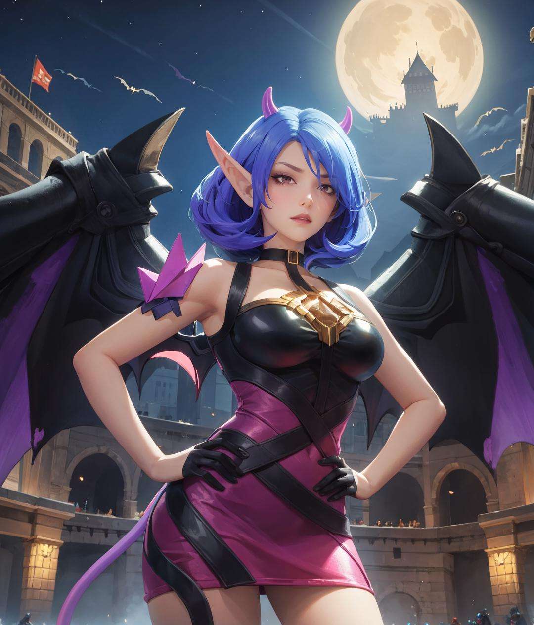 ((big breasts)), wings, 1girl, solo, looking at viewer, short hair, large breasts, gloves, dress, medium breasts, blue hair, tail, purple hair, horns, pointy ears, hand on hip, thigh strap, demon girl, demon horns, demon tail, demon wings [purple hair: blue hair:0.2],  <lora:veera-06:0.9>, (castle), gloom, darkness, mountains, ghosts, death, purple background, ((glow)), BREAK bat, purple lips, 2 wings, night, light, (masterpiece,best quality:1.5), (masterpiece,best quality:1.5), Style of Nicholas Roerich,atompunk (🏖️),🌵, \Leona (League of Legends)\, Sad, Ottoman,at Blue hour,Sci-fi,The Colosseum of Rome