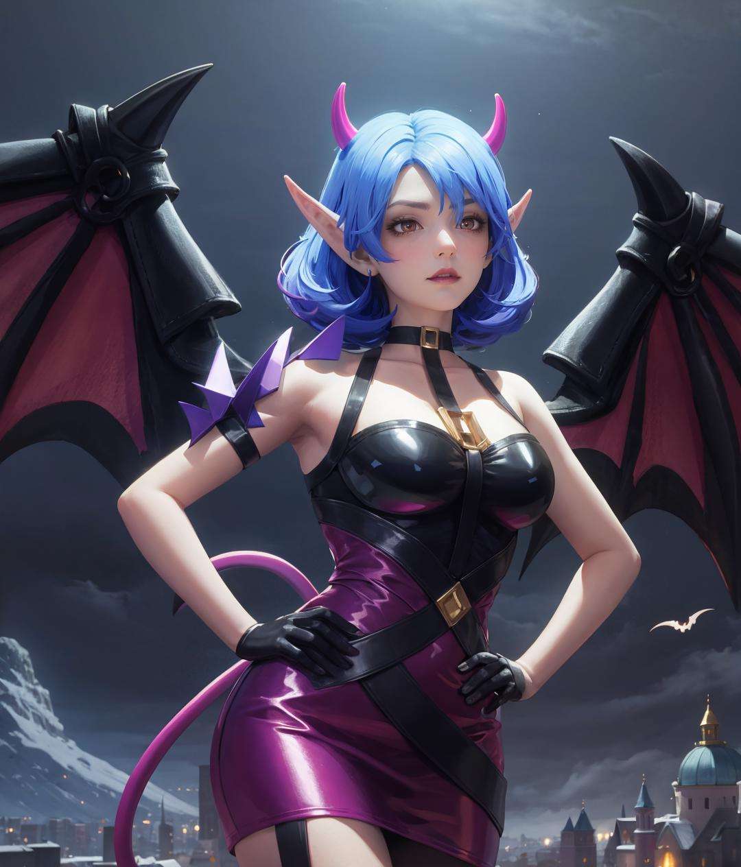 ((big breasts)), wings, 1girl, solo, looking at viewer, short hair, large breasts, gloves, dress, medium breasts, blue hair, tail, purple hair, horns, pointy ears, hand on hip, thigh strap, demon girl, demon horns, demon tail, demon wings [purple hair: blue hair:0.2],  <lora:veera-06:0.9>, (castle), gloom, darkness, mountains, ghosts, death, purple background, ((glow)), BREAK bat, purple lips, 2 wings, night, light, (masterpiece,best quality:1.5), (masterpiece,best quality:1.5), Style of Botero,Digital Art (🌋,🕌),🪵,🍁, \Moka (rosaria+vampire)\, Playing tennis, -object- in a bottle,at Sunset,Boring,Barcelona, Spain