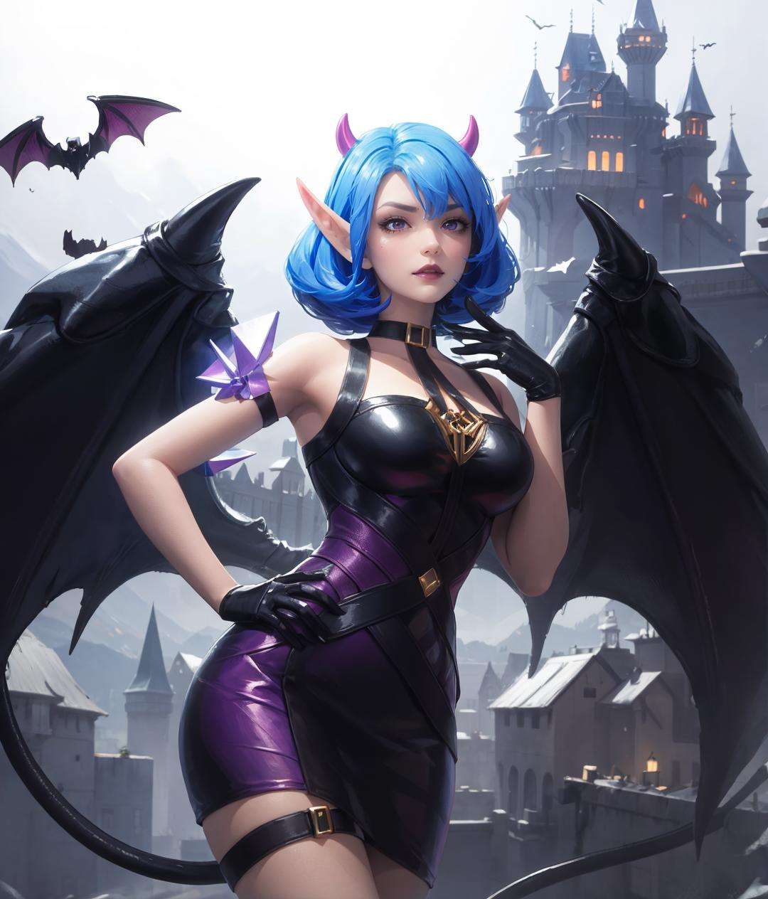 ((big breasts)), wings, 1girl, solo, looking at viewer, short hair, large breasts, gloves, dress, medium breasts, blue hair, tail, purple hair, horns, pointy ears, hand on hip, thigh strap, demon girl, demon horns, demon tail, demon wings [purple hair: blue hair:0.2],  <lora:veera-06:0.9>, (castle), gloom, darkness, mountains, ghosts, death, purple background, ((glow)), BREAK bat, purple lips, 2 wings, (masterpiece,best quality:1.5)