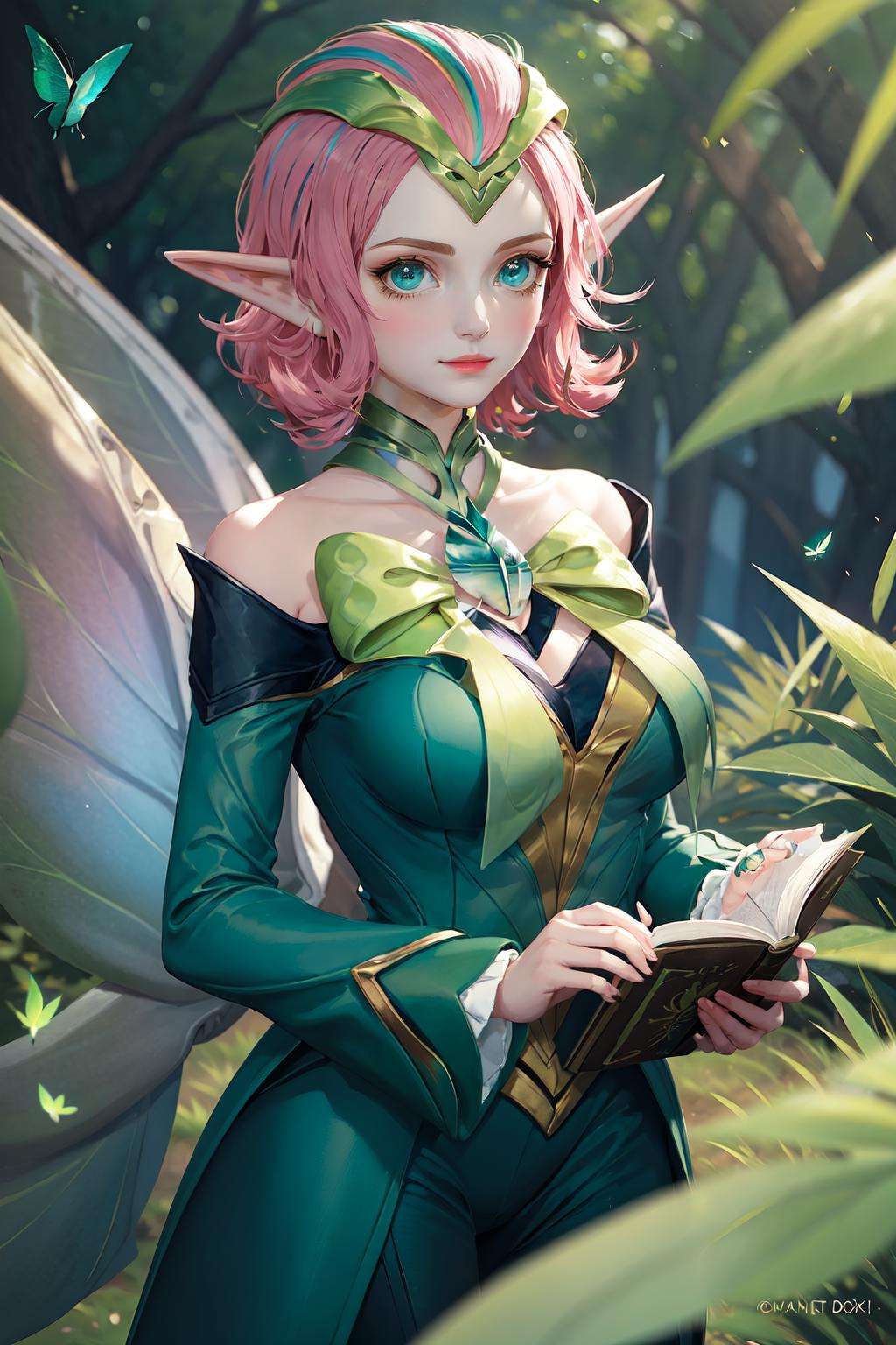 ((big breasts)), ((big breasts)), 1girl, solo, looking at viewer, smile, short hair, blue eyes, bow, holding, bare shoulders, closed mouth, upper body, pink hair, pointy ears, bowtie, book, tiara, elf, green bow,  green bowtie  <lora:Krixi-08:1>, ((butterfly wings)), 4 wings, ((forest)), magical light, iridescent, (( green glowing)), green clothes, elf, Glow Butterfly, Wonderland, (masterpiece,best quality:1.5), vibrant colors,soft lighting,gorgeous light and shadow , at Dusk, (masterpiece,best quality:1.5), Style of Edward Burne-Jones,Miniaturecore (🏔️,🕌),🌳, Edna Mode from The Incredibles, Rafting, nectar,Spring,Weird,Burj Khalifa