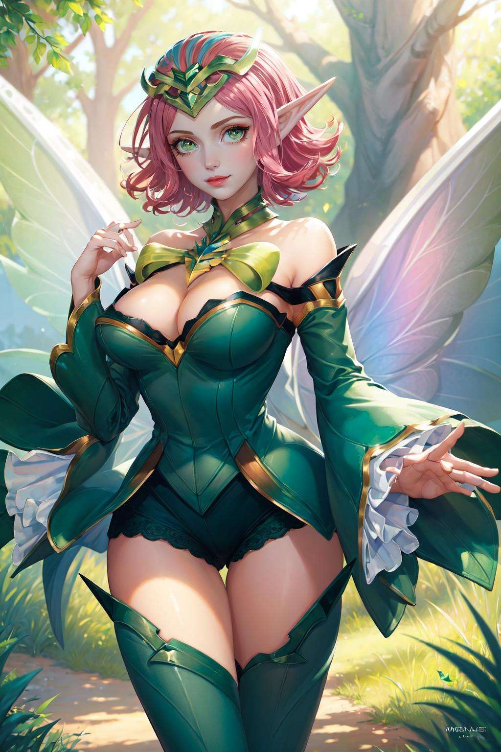 ((big breasts)), 1girl, solo, smile, short hair, thighhighs, dress, cleavage, jewelry, medium breasts, green eyes, pink hair, detached sleeves, green hair, wings, pointy ears, wide sleeves, tree, bug, green dress, fairy wings, fairy,  <lora:Krixi-08:1>, butterfly wings, 4 wings, forest, magical light, iridescent, (( green glowing)), (masterpiece,best quality:1.5), soft lighting,gorgeous light and shadow ,stunning environment ,vibrant colors, Sunny, Alex Maleew