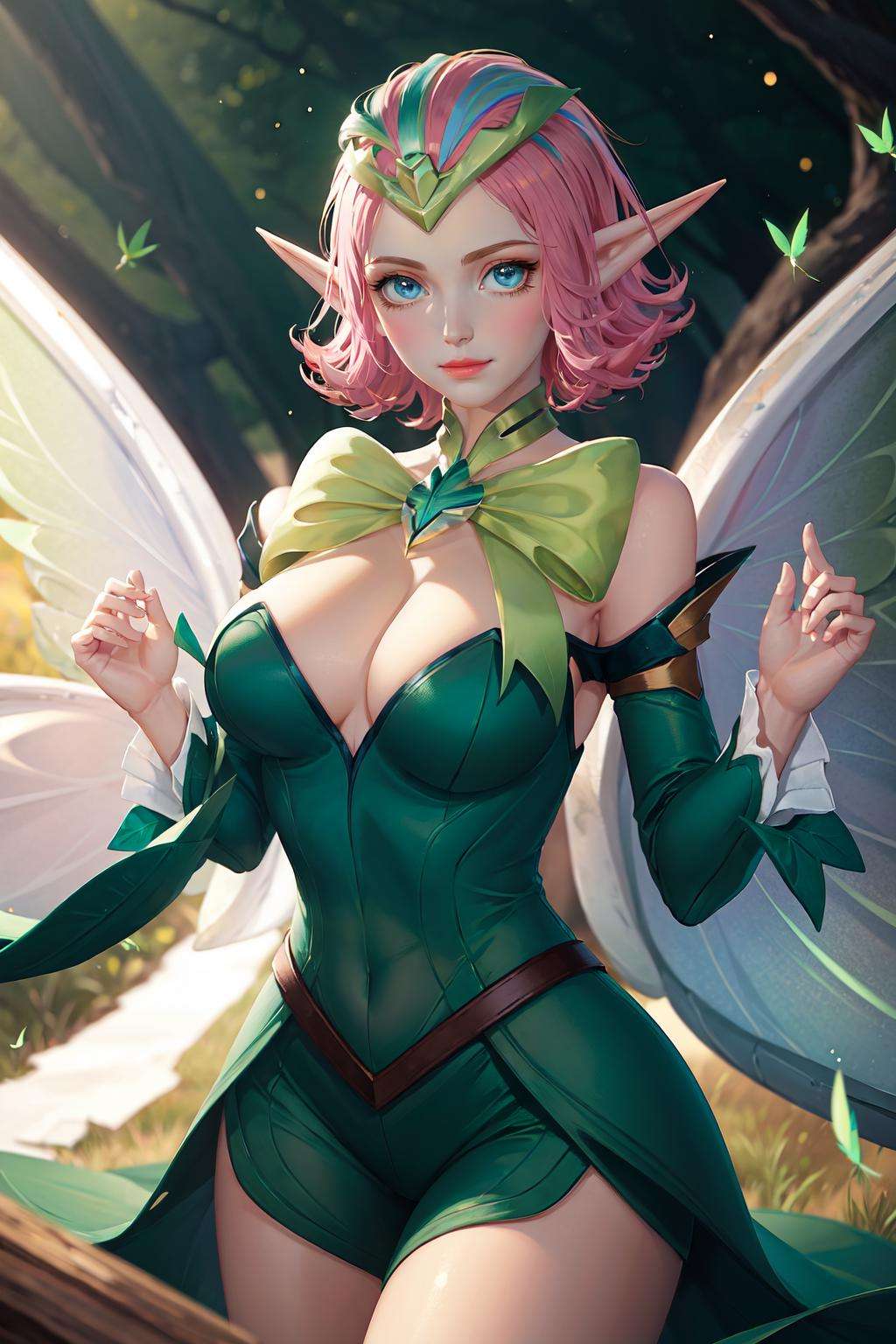 ((big breasts)), ((big breasts)), 1girl, solo, looking at viewer, smile, short hair, blue eyes, bow, holding, bare shoulders, closed mouth, upper body, pink hair, pointy ears, bowtie, tiara, elf, green bow,  green bowtie  <lora:Krixi-08:1>, ((butterfly wings)), 4 wings, ((forest)), magical light, iridescent, (( green glowing)), green clothes, elf, Glow Butterfly, Wonderland, flower castle, (flower), (masterpiece,best quality:1.5), soft lighting,gorgeous light and shadow , Sun in the sky, (masterpiece,best quality:1.5), Style of Kelly Freas,Hackercore (🏔️),🪨, Brahma, Skiing, Silk,at Blue hour,Victorian,Red Square