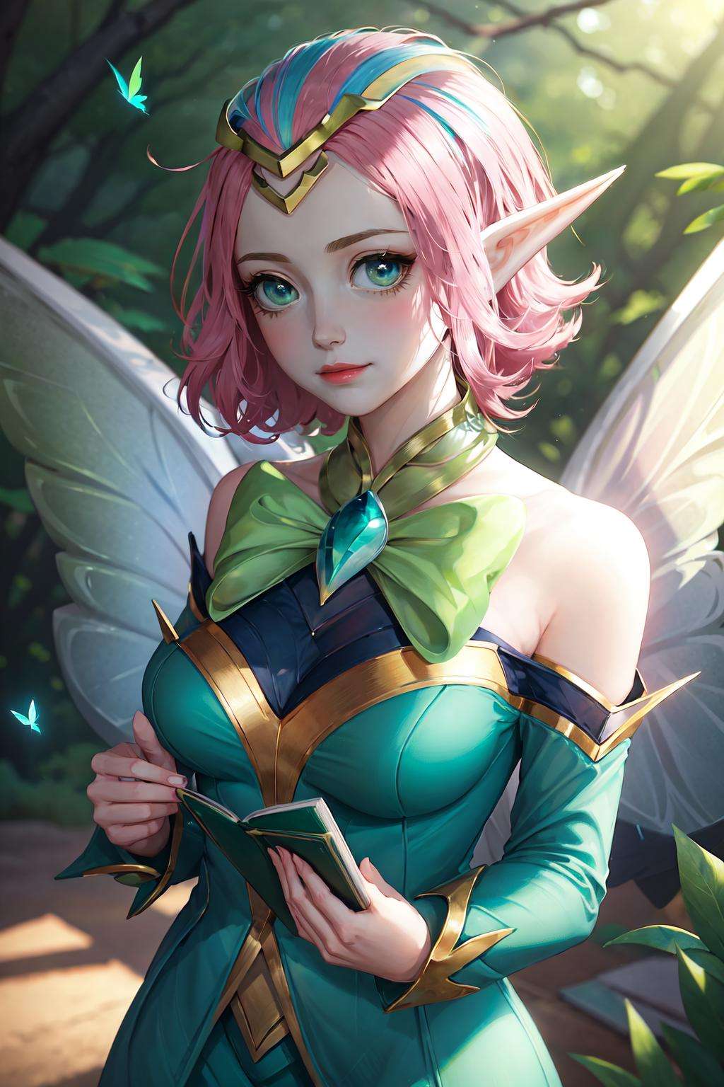 ((big breasts)), ((big breasts)), 1girl, solo, looking at viewer, smile, short hair, blue eyes, bow, holding, bare shoulders, closed mouth, upper body, pink hair, pointy ears, bowtie, book, tiara, elf, green bow, holding book, open book, green bowtie  <lora:Krixi-08:1>, ((butterfly wings)), 4 wings, ((forest)), magical light, iridescent, (( green glowing)), green clothes, (masterpiece,best quality:1.5), soft lighting,gorgeous light and shadow , Summer, (masterpiece,best quality:1.5), Style of Yuko Shimizu,Gutai Group (???﷿️),🌸, Nurse Joy, Skateboarding, Picture frame,at Overcast,Giant,Bath