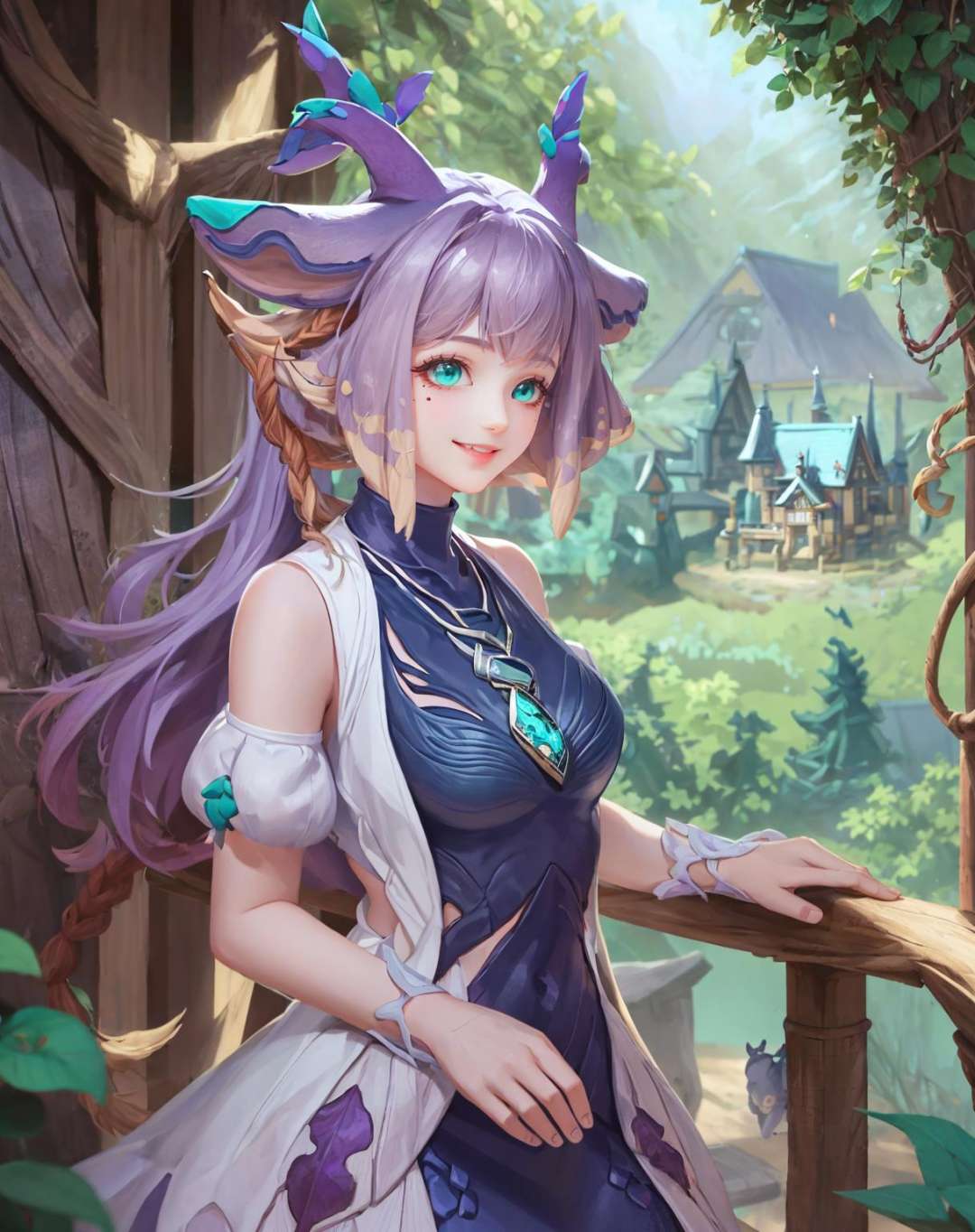 <lora:Helen-10:1>, ((big breasts)), 1girl, solo, long hair, smile, blue eyes, large breasts, dress, bare shoulders,  very long hair, purple hair, braid, sleeveless, mole, mole under eye, turquoise necklace, horn, forest, magic world, trees, flowers, animals, dwarves' house, dream, deer, (masterpiece,best quality:1.5)