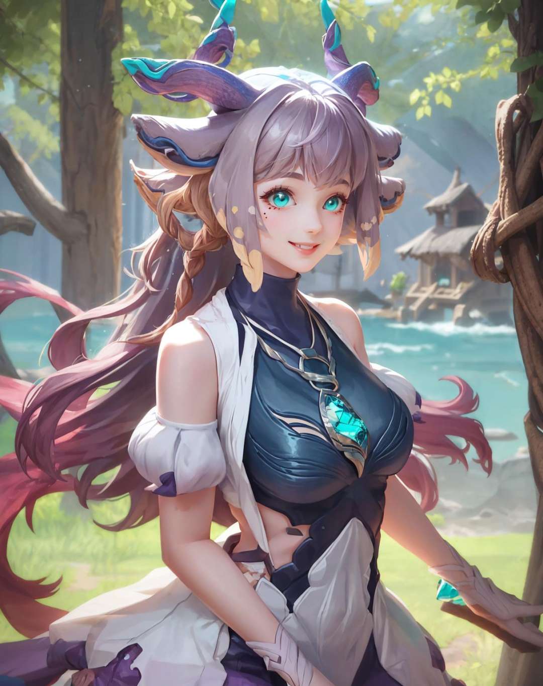 <lora:Helen-10:1>, ((big breasts)), 1girl, solo, long hair, smile, blue eyes, large breasts, dress, bare shoulders,  very long hair, purple hair, braid, sleeveless, mole, mole under eye, turquoise necklace, horn, (masterpiece,best quality:1.5)