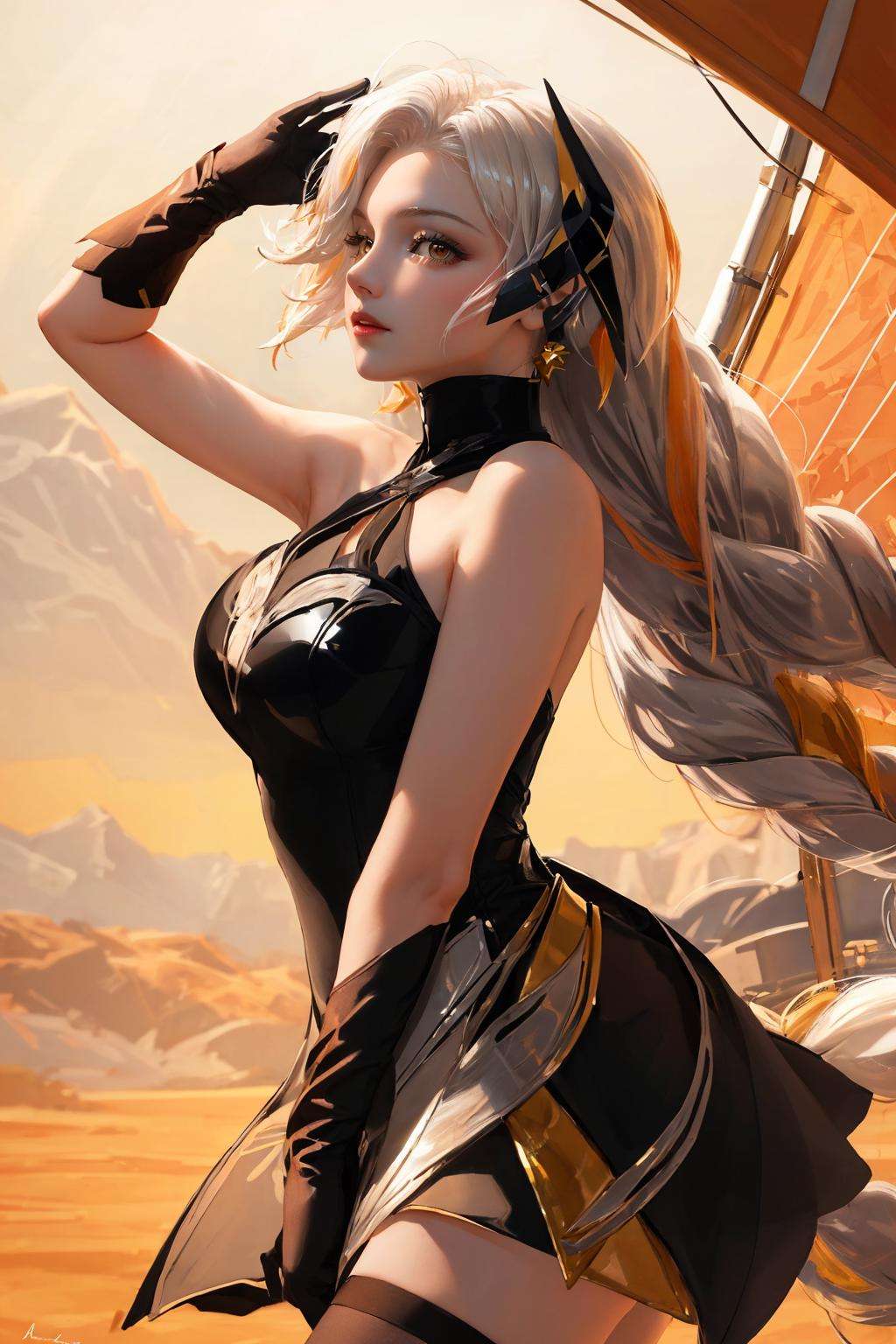 <lora:yena_wave-10:0.8>,((big breasts)), 1girl, solo, long hair, looking at viewer, hair ornament, thighhighs, gloves, dress, bare shoulders, very long hair, yellow eyes, braid, white hair, black gloves, elbow gloves, black dress, orange eyes, ((abstract background)), orange background, red lips, (masterpiece,best quality:1.5), (masterpiece,best quality:1.5), Style of Alex Ross,Cloisonnism (🕌,🌋),🌹,🌳, Annette Bening, Sailing, Gator skin,warm,Ashkenazi,Desert, soft lighting,gorgeous light and shadow ,vibrant colors, Stormy weather