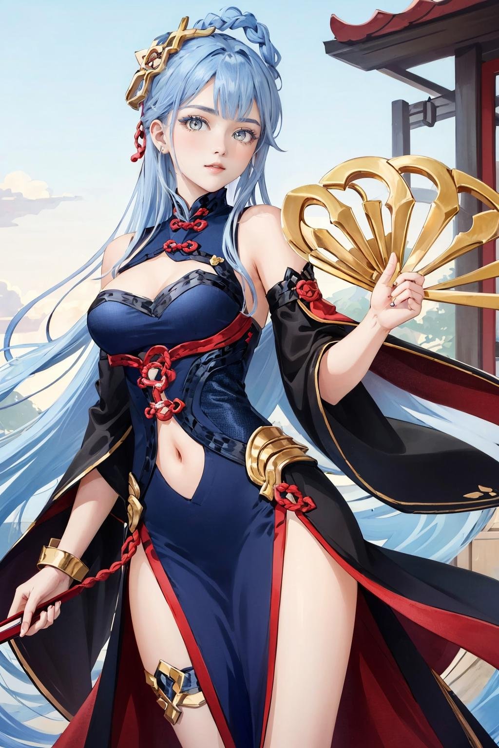 <lora:Yue-03:1>,((big breasts)), 1girl, solo, long hair, looking at viewer, hair ornament, dress, holding, bare shoulders, closed mouth, blue hair, yellow eyes, braid, artist name, covered navel, blue dress, chinese clothes, china dress, hand fan, folding fan, light blue hair, holding fan, Jordyn Huitema, (masterpiece,best quality:1.5)