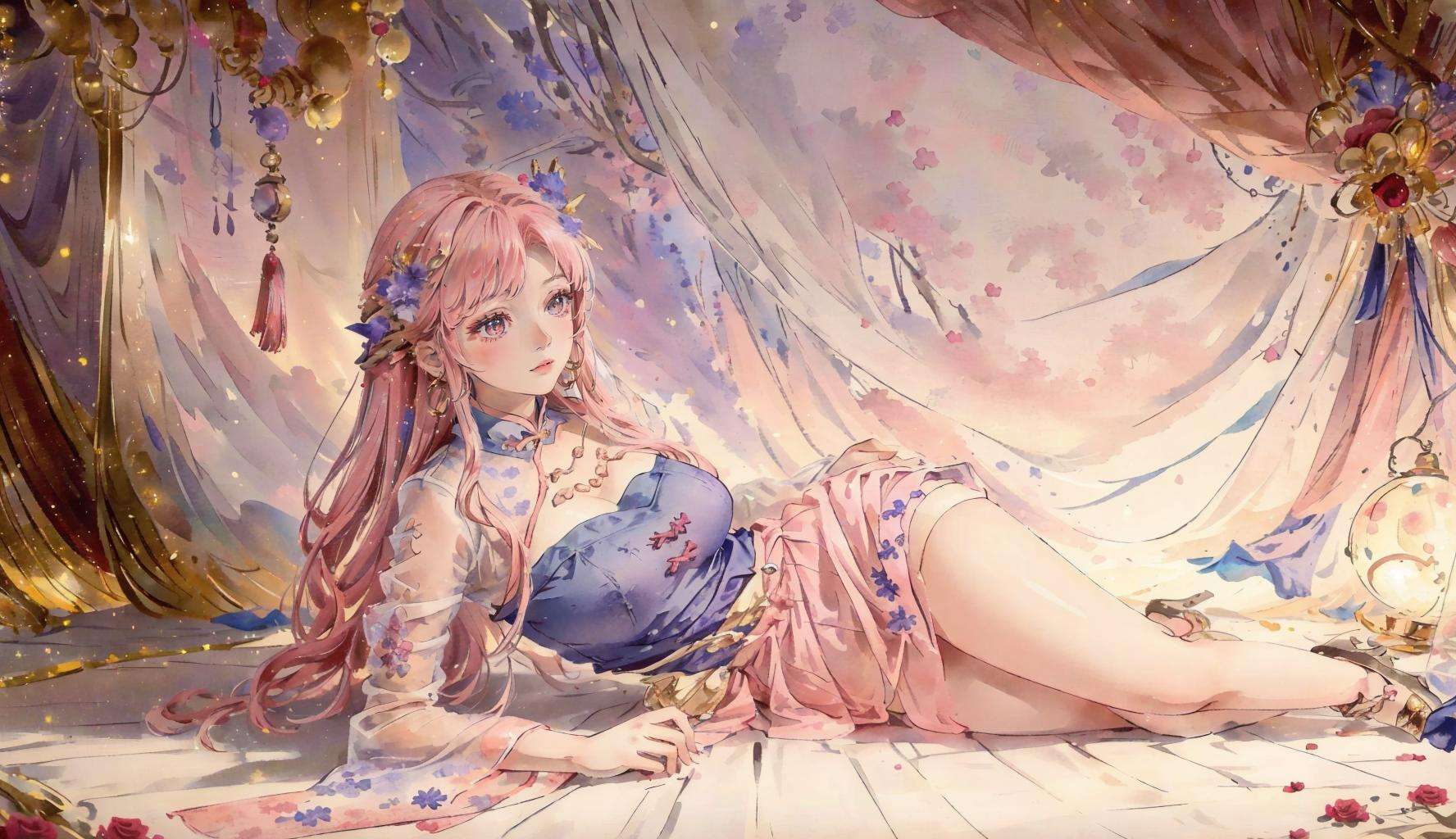 8k, <lora:dieuthuyen-07:0.8>,((big breasts)), 1girl, solo, long hair, skirt, hair ornament, dress, full body, pink hair, flower, lying, high heels, bare legs, on side, curtains, (masterpiece,best quality:1.5), (masterpiece,best quality:1.5),ultra realistic,32k,RAW photo,(high detailed skin:1.2), 8k uhd, dslr, soft lighting, high quality, film grain,trending on CGSociety ,(🌊),🪸,🌹, pretty girl,goddess of love, royal style, gold accessories,(🌈,🌕,⛈️,⭐️,✨),((wind)),