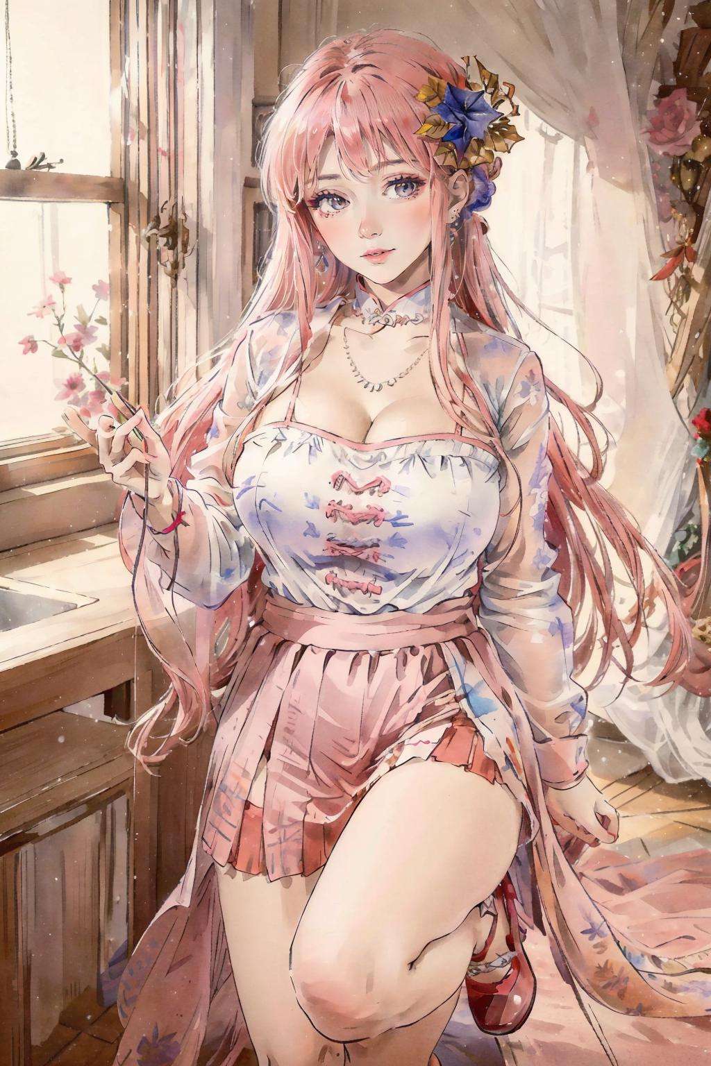 8k, <lora:dieuthuyen-07:0.8>,((big breasts)), 1girl, solo, long hair, hair ornament, dress, pink hair, flower, high heels, bare legs, window, curtains, needle, (masterpiece,best quality:1.5), (masterpiece,best quality:1.5),ultra realistic,32k,RAW photo,(high detailed skin:1.2), 8k uhd, dslr, soft lighting, high quality, film grain,key light ,(🕌),🍁, ( Psychedelic pleated skirt  , buttoned shirt ) ,((winter day )),collarbone, cleavage, eardrop,lady ,long hair,necklace ,(large  breast),(sexy:1.3),(lewd),kitchen