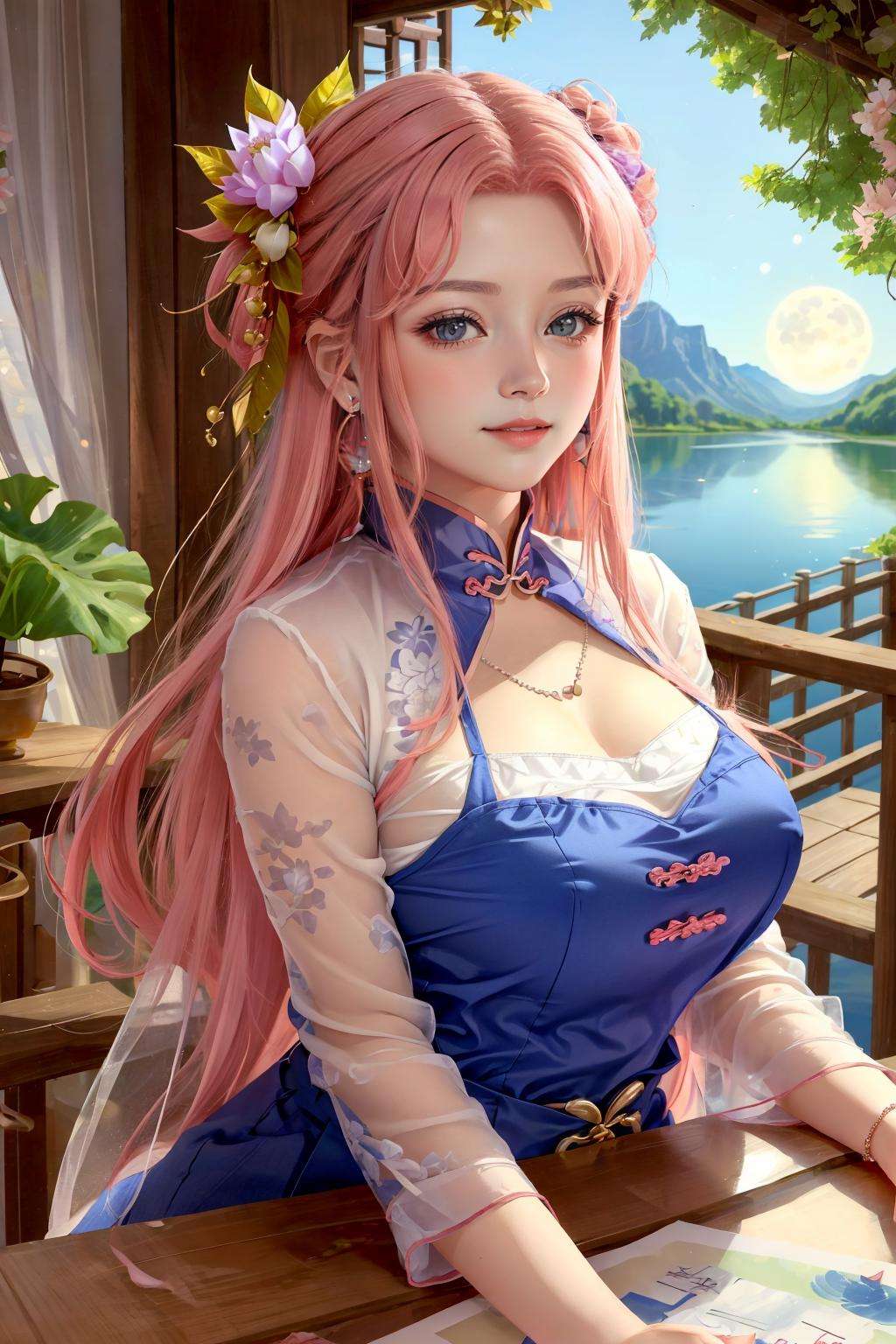 8k,  (((big breasts))), 1girl, solo, long hair, hair ornament, dress, jewelry, upper body, pink hair, flower, earrings, parted lips, hair flower, necklace, blue dress, curtains <lora:dieuthuyen-07:0.7>, lake, (lotus in lake), lotus leaf, girl sitting on water, pink theme, chinese girl, falling cherry blossom, chinese lantern, smile, girl in the lake, fish swimming, (masterpiece,best quality:1.5), (masterpiece,best quality:1.5), Style of Alex Toth,Pre-raphaelitism (???﷿️,🏖️),🌿,🪵,🍂, tony goldwyn, Playing trivia games, greenbean,Moon in the night,Bewitching,The Valley of the Kings