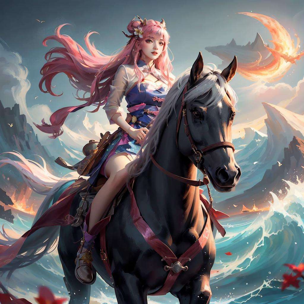 <lora:riding_a:0.6>, <lora:dieuthuyen-07:0.8>, ((big breasts)), 1girl, solo, long hair, looking at viewer, hair ornament, dress, jewelry, upper body, pink hair, flower, parted lips, teeth, hair flower, pink eyes, hair bun, bracelet, blue dress, chinese clothes, (black horse riding girl:1.4), muscular horse, (armored horse),  <lora:Mobile_Legends_Alice_V1:0.4>, (masterpiece,best quality:1.5), (masterpiece,best quality:1.5), Style of Catherine Hyde,New Wave Art (🌊,🏖️),🌹,🌱,🪨, Proteus, Campaigning for a cause, meatballs,autumn,Unpredictable,Mount Doom
