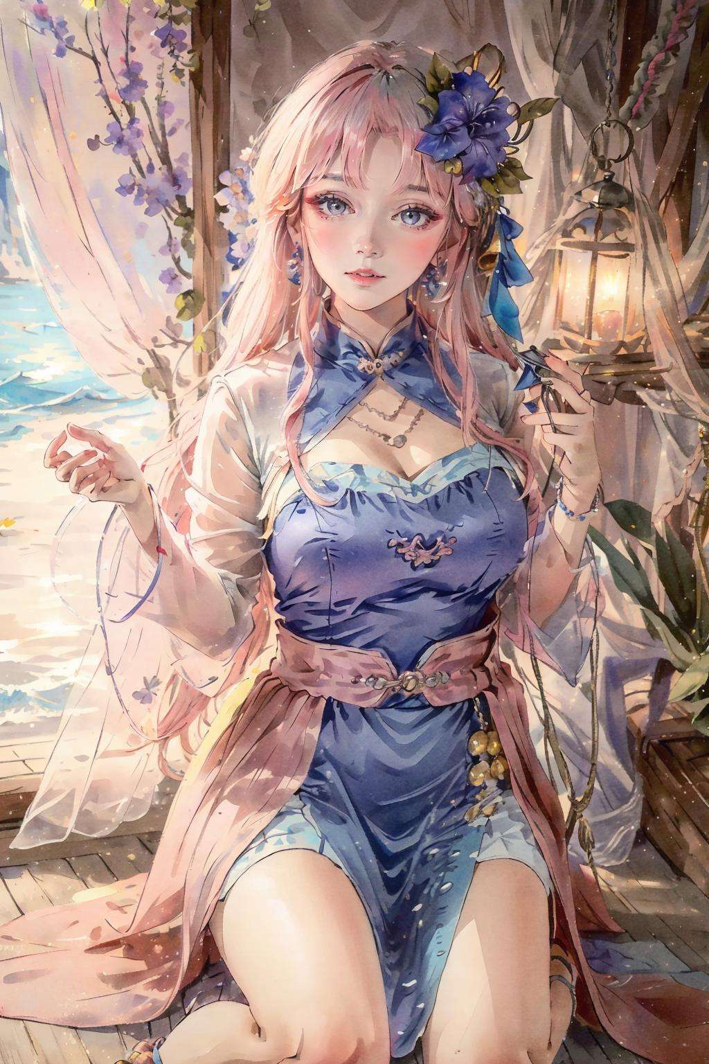 8k, <lora:dieuthuyen-07:0.8>, ((big breasts)), 1girl, solo, long hair, hair ornament, dress, jewelry, upper body, pink hair, flower, earrings, parted lips, hair flower, necklace, blue dress, curtains, kneeling, (masterpiece,best quality:1.5), (masterpiece,best quality:1.5),ultra realistic,32k,RAW photo,(high detailed skin:1.2), 8k uhd, dslr, soft lighting, high quality, film grain,absurdres ,(🏔️,🌊),🌿,🌱,🍀, pretty lady, royal style, silver  accessories, sexy, ( ), fluorescent blue buttoned shirt , braided hair ,(sexy),