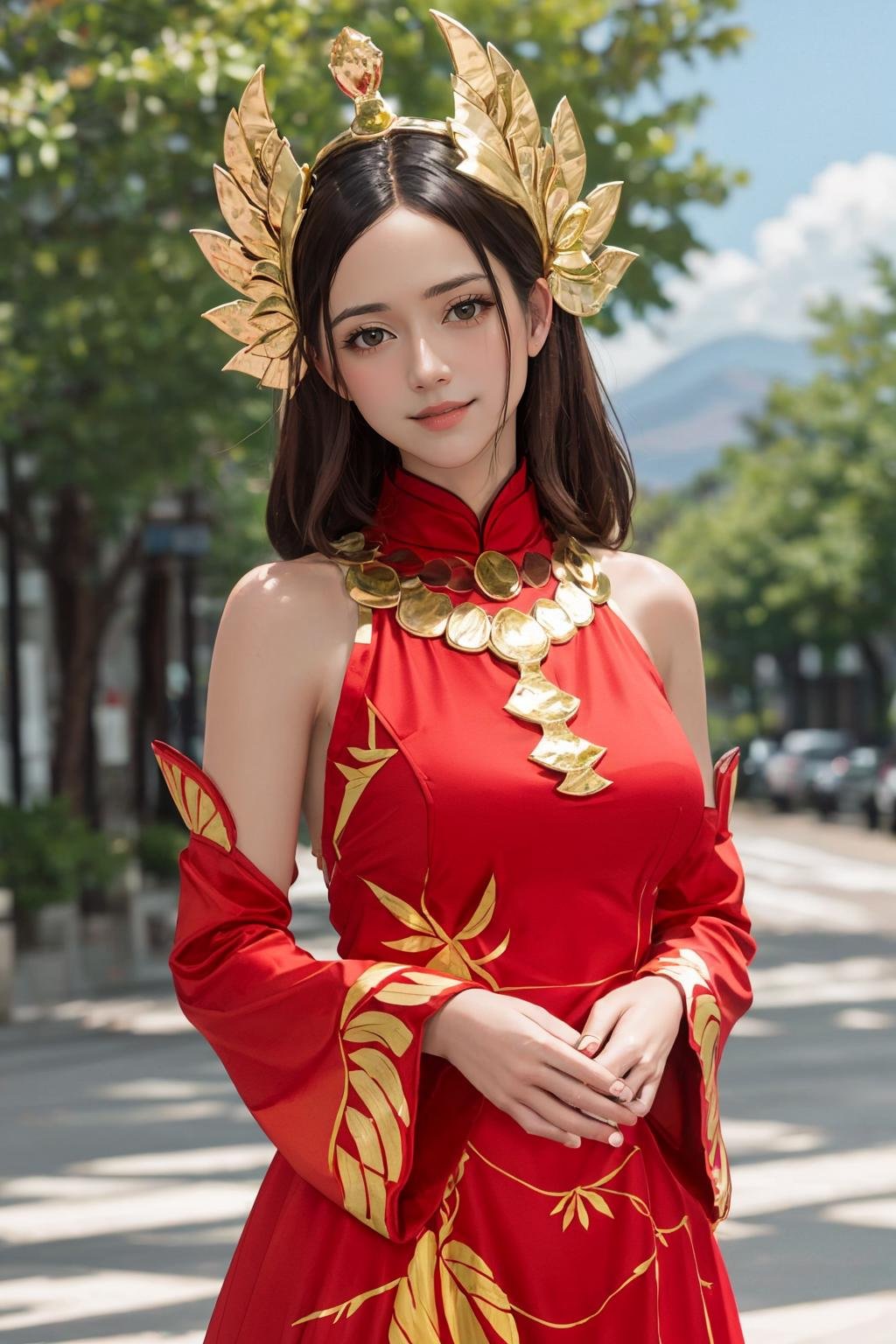 <lora:ilumia-09:0.7>, (((big breasts))), 1girl, solo, long hair, looking at viewer, brown hair, black hair, hair ornament, dress, bare shoulders, brown eyes, closed mouth, upper body, outdoors, detached sleeves, blurry, blurry background, chinese clothes, red dress, (abstract background:1.2), (smile), (masterpiece,best quality:1.5), (masterpiece,best quality:1.5), Style of Frank Cho,Sots art (???﷿️,),🌳,🪨,🌲, alison lohman, Acting in a play, romaine,Spring,Tedious,The Canyonlands, vibrant colors,stunning environment , Stars in the sky