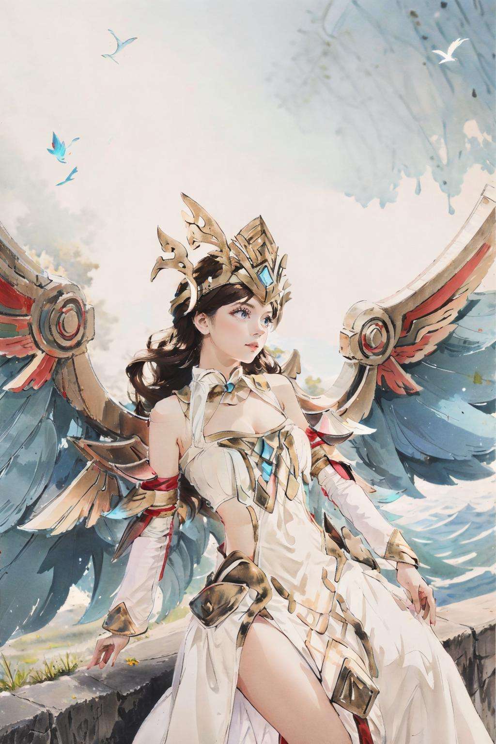 ((big breasts)), ((big breasts)), 1girl, solo, long hair, brown hair, black hair, dress, cleavage, bare shoulders, medium breasts, outdoors, detached sleeves, wings, white dress, bird,  (blue wing), BREAK green wings, white clothes,  <lora:lauriel-08:1>, big wing, (masterpiece,best quality:1.5)