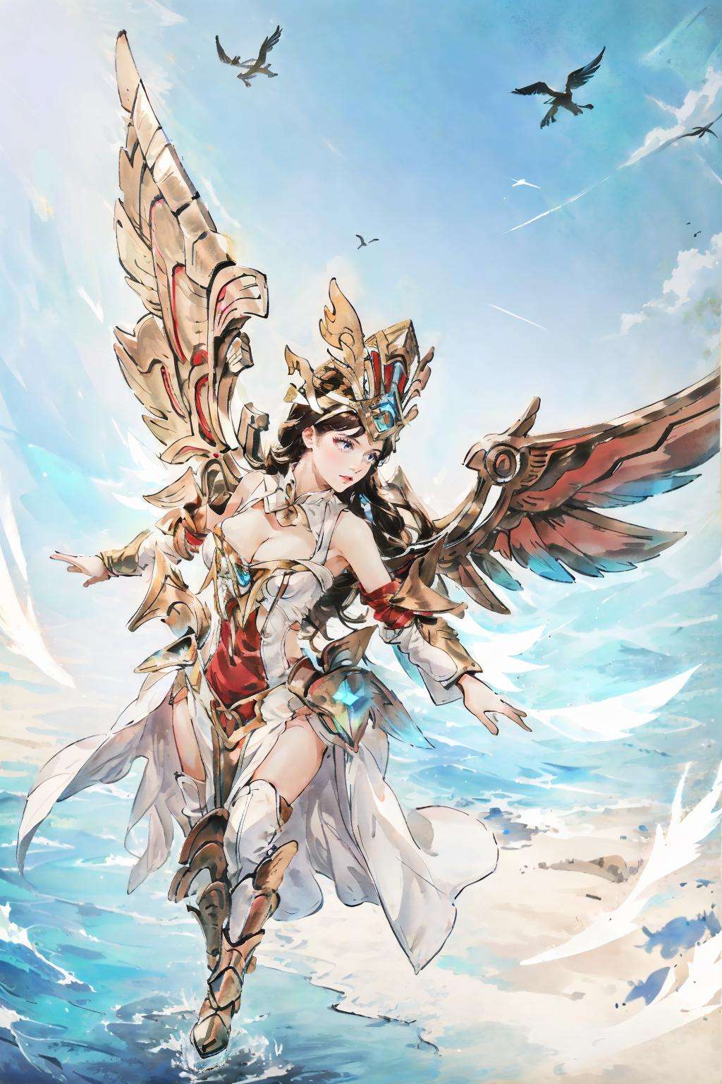 ((big breasts)), ((big breasts)), 1girl, solo, long hair, brown hair, black hair, dress, cleavage, bare shoulders, medium breasts, outdoors, detached sleeves, wings, white dress, bird,  (blue wing), BREAK green wings, white clothes,  <lora:lauriel-08:1>, big wing, fly, (masterpiece,best quality:1.5)