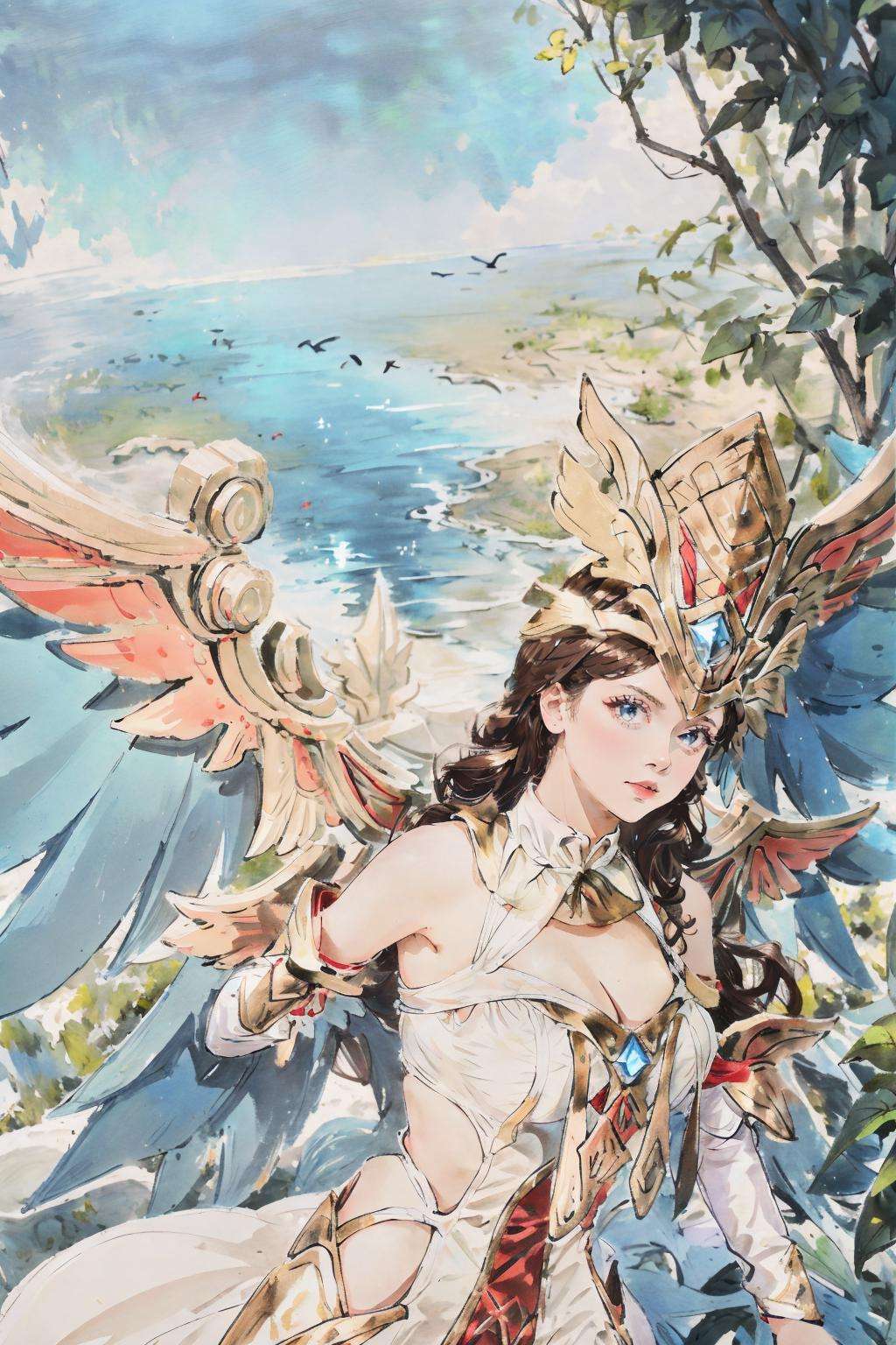 ((big breasts)), ((big breasts)), 1girl, solo, long hair, brown hair, black hair, dress, cleavage, bare shoulders, medium breasts, outdoors, detached sleeves, wings, white dress, bird,  (blue wing), BREAK green wings, white clothes,  <lora:lauriel-08:1>, big wing, fly, (masterpiece,best quality:1.5)