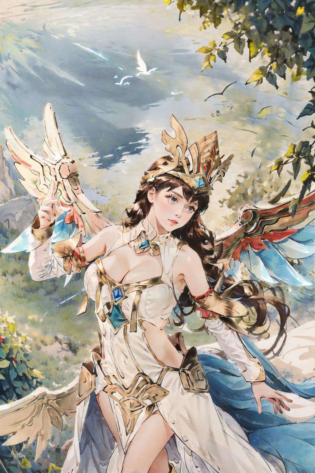 ((big breasts)), ((big breasts)), 1girl, solo, long hair, brown hair, black hair, dress, cleavage, bare shoulders, medium breasts, outdoors, detached sleeves, wings, white dress, bird,  (blue wing), BREAK green wings, white clothes,  <lora:lauriel-08:1>, big wing, fly, (masterpiece,best quality:1.5)