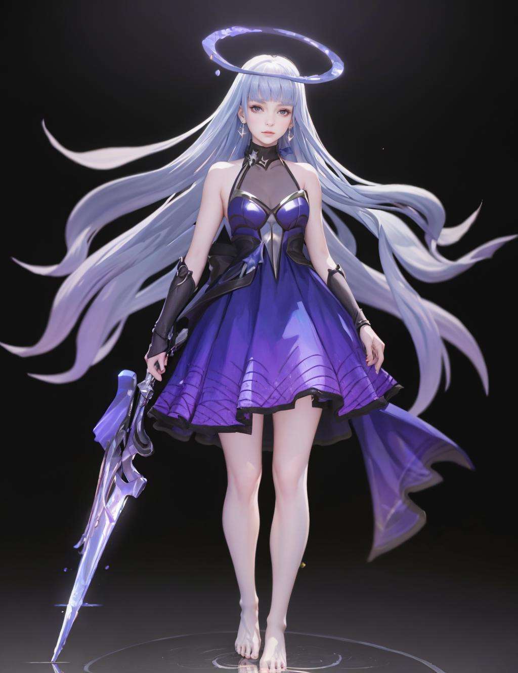 Sinestrea_Wave, ((big breasts)), 1girl, solo, long hair, dress, bare shoulders, jewelry, medium breasts, very long hair, blue hair, full body, weapon, earrings, barefoot, sleeveless, signature, blunt bangs, sleeveless dress, halo, polearm, purple dress, floating, reflection, toenails <lora:Sinestrea_Wave:0.8>, (masterpiece,best quality:1.5)