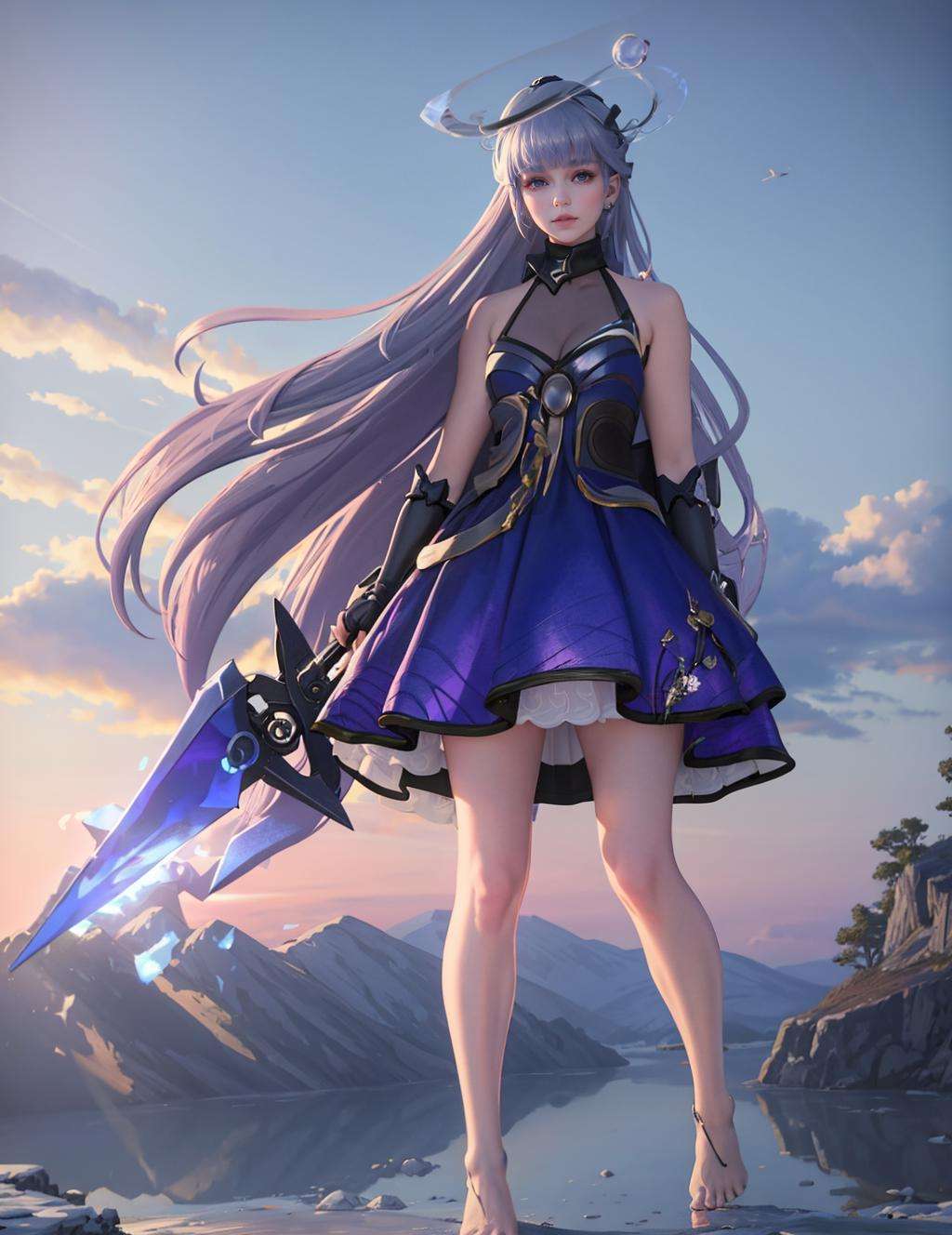 Sinestrea_Wave, ((big breasts)), 1girl, solo, long hair, dress, bare shoulders, jewelry, medium breasts, very long hair, blue hair, full body, weapon, earrings, barefoot, sleeveless, signature, blunt bangs, sleeveless dress, halo, polearm, purple dress, floating, reflection, toenails <lora:Sinestrea_Wave:0.9>, standing on clouds, sky, sunlight, (masterpiece,best quality:1.5), (masterpiece,best quality:1.5),ultra realistic,32k,RAW photo,(high detailed skin:1.2), 8k uhd, dslr, soft lighting, high quality, film grain,split diopter ,(🌊),🐚, lady,( electric purple Mixing vintage and modern pieces:1.1),long hair, (purple hair chignon hair ,fur hat), in the Mountain,large  breast,winter day,(❄️),blue sky,(gloves),[🇬🇧:🇰🇷:0.5],