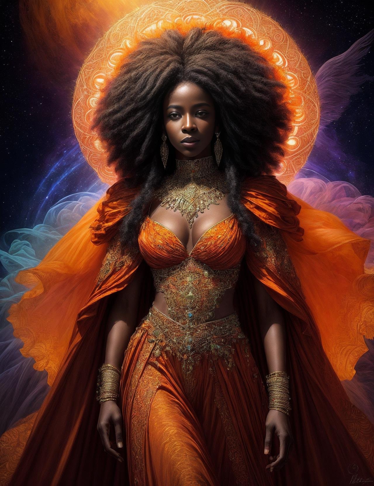 ((best quality)), ((masterpiece)), ((realistic)), (detailed),  a Afro-Caribbean Builky Werewolve Sorceress  wearing CoralOrange Elaborate cape, woven with threads of celestial light and Flowing palazzo pants, featuring vibrant patterns and colors and Halo of floating orbs, radiating a soft ethereal light,  (solo:1.2), Celestial Radiance,((masterpiece)), absurdres, HDR, <lora:add_detail:1>, <lora:LowRA:0.5>