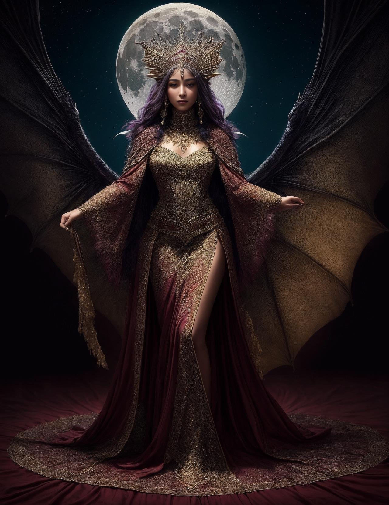 ((best quality)), ((masterpiece)), ((realistic)), (detailed),  a Berber Toned Dragon (in humanoid form) Priestess  wearing Burgundy Feathered stole, imbued with the essence of mythical creatures and Flowing skirts, adorned with delicate lace trimmings and Moon-shaped diadem, casting a gentle lunar glow,  (solo:1.2), Emanating Luminescence,((masterpiece)), absurdres, HDR, <lora:add_detail:1>, <lora:LowRA:0.5>