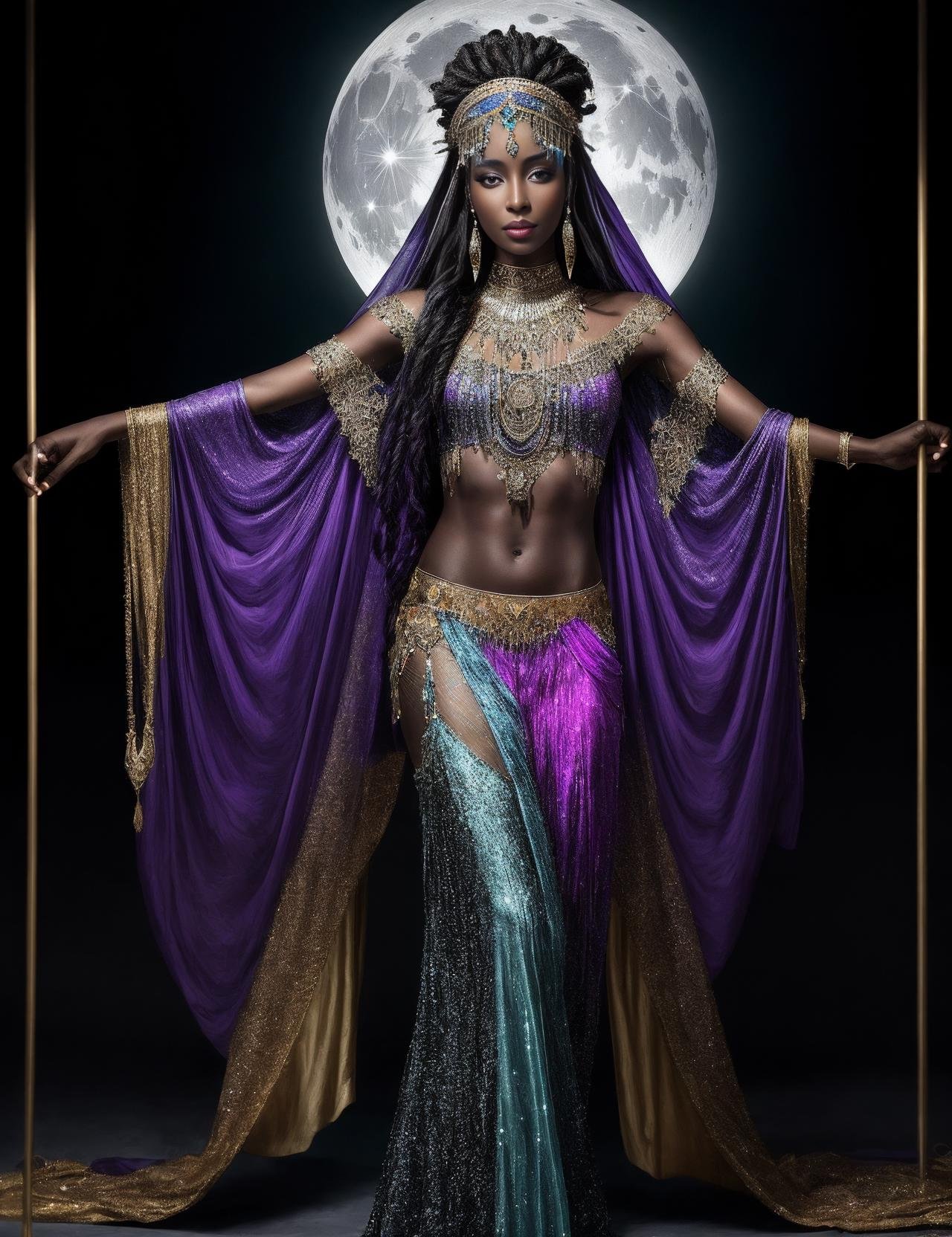 ((best quality)), ((masterpiece)), ((realistic)), (detailed),  a Sub-Saharan African Sinewy Djinn High Priestess  wearing SlateGray Crystal-embellished capelet, shimmering with prismatic brilliance and Flowing palazzo pants, featuring vibrant patterns and colors and Woven headband, featuring intertwined strands of moonlight and magic,  (solo:1.2), Transcendent Glow,((masterpiece)), absurdres, HDR, <lora:add_detail:1>, <lora:LowRA:0.5>