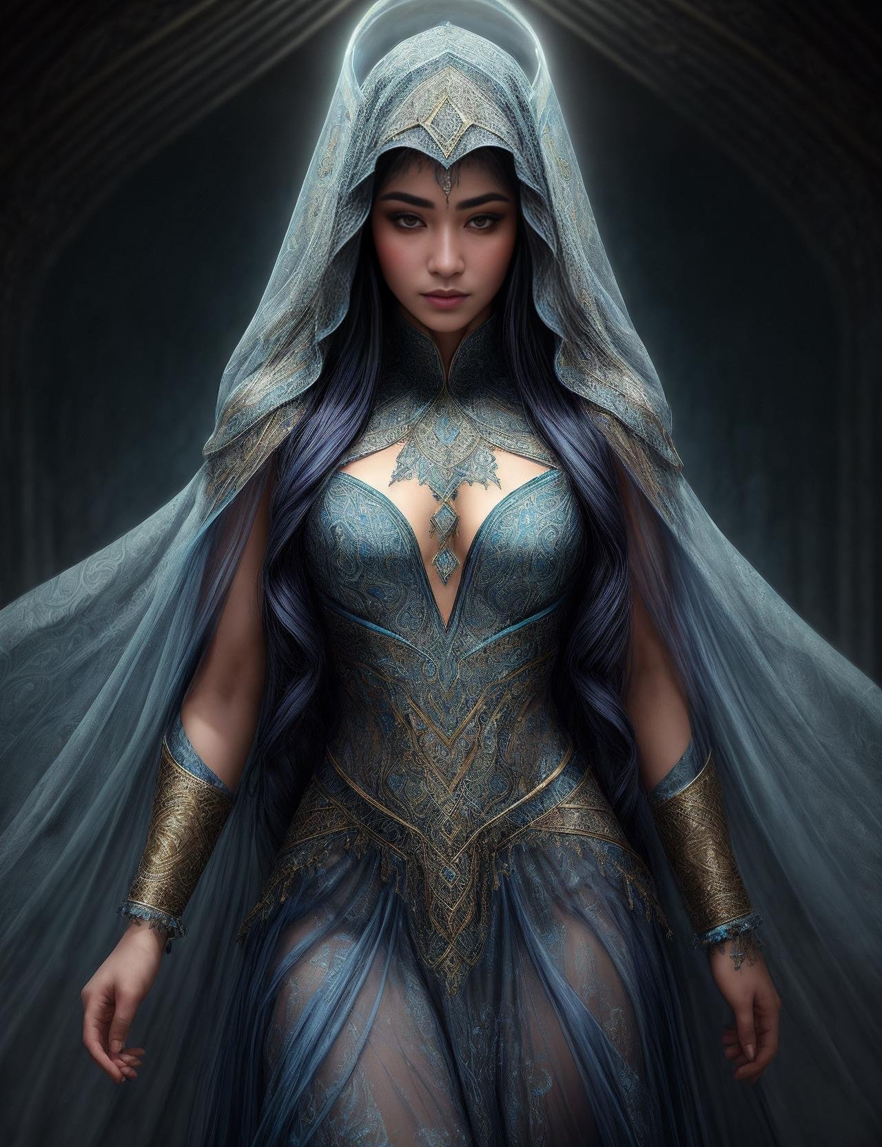 ((best quality)), ((masterpiece)), ((realistic)), (detailed),  a Central Asian Athletic Dwarve Sorceress  wearing SteelBlue Sheer chiffon dress, decorated with swirling patterns and Elven-inspired leggings, imprinted with nature's patterns and Veiled hood, concealing the wearer's face in an air of mystery,  (solo:1.2), Radiant Halo,((masterpiece)), absurdres, HDR, <lora:add_detail:1>, <lora:LowRA:0.5>