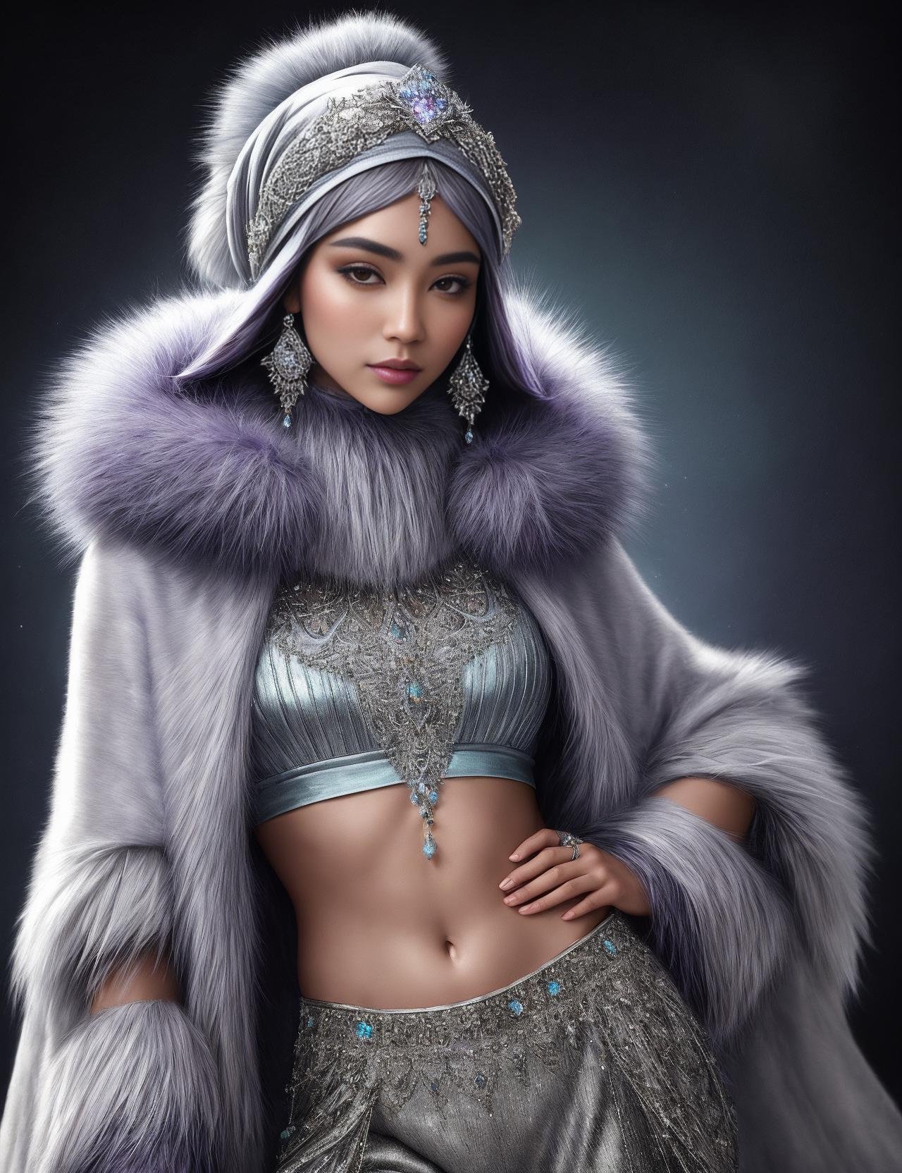 ((best quality)), ((masterpiece)), ((realistic)), (detailed),  a Inuit Toned Yeti Wizardess  wearing LavenderGray Crystal-embellished capelet, shimmering with prismatic brilliance and Cropped trousers, ideal for a modern and fashion-forward aesthetic and Ornate headscarf, featuring embroidered celestial motifs,  (solo:1.2), Dazzling Radiance,((masterpiece)), absurdres, HDR, <lora:add_detail:1>, <lora:LowRA:0.5>