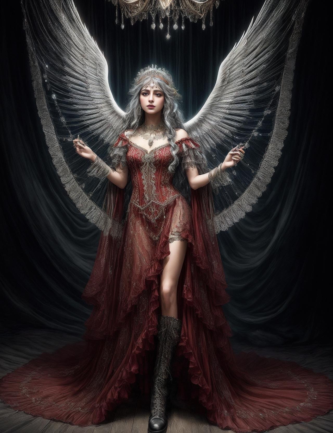 ((best quality)), ((masterpiece)), ((realistic)), (detailed),  a Gypsies Stacked Harpie Magician  wearing CherryRed Sheer chiffon dress, decorated with swirling patterns and Lace-up leather boots, adorned with intricate patterns and Elven tiara, crafted with intricately entwined silver and gemstones,  (solo:1.2), Emanating Luminescence,((masterpiece)), absurdres, HDR, <lora:add_detail:1>, <lora:LowRA:0.5>