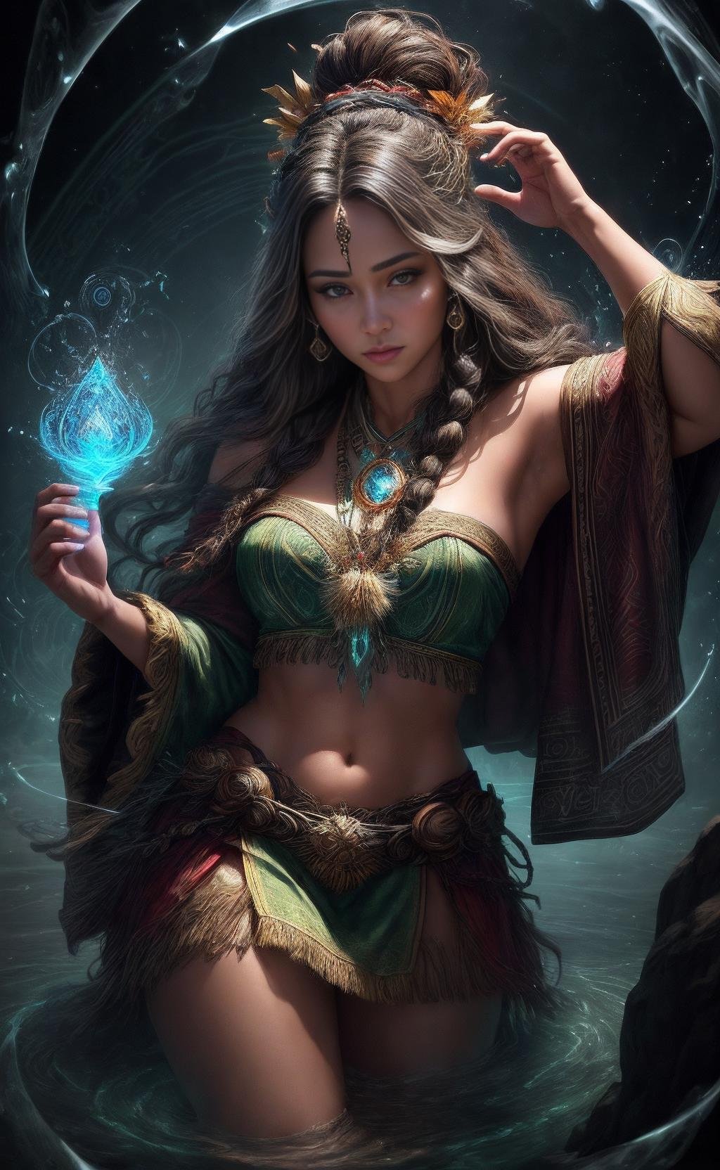 ((best quality)), ((masterpiece)), ((realistic)), (detailed), female Senior Taut Polynesian Siren (Spark Brownian motion Circulation iceberg Transience Curved lines Supersolid magic:1.3) wearing Glowing Warlock Conjure Druidic Robes and Enchanter's Booties and Alchemist Espadrilles and Druidic Nature Talisman with Soft and ethereal makeup and Amber eyes and High cheekbones and Top knot hairstyle, Mystic Gesture, Hands extended in arcane symbols., Nervousness, ((masterpiece)), absurdres, HDR, <lora:add_detail:1>, <lora:LowRA:0.5>